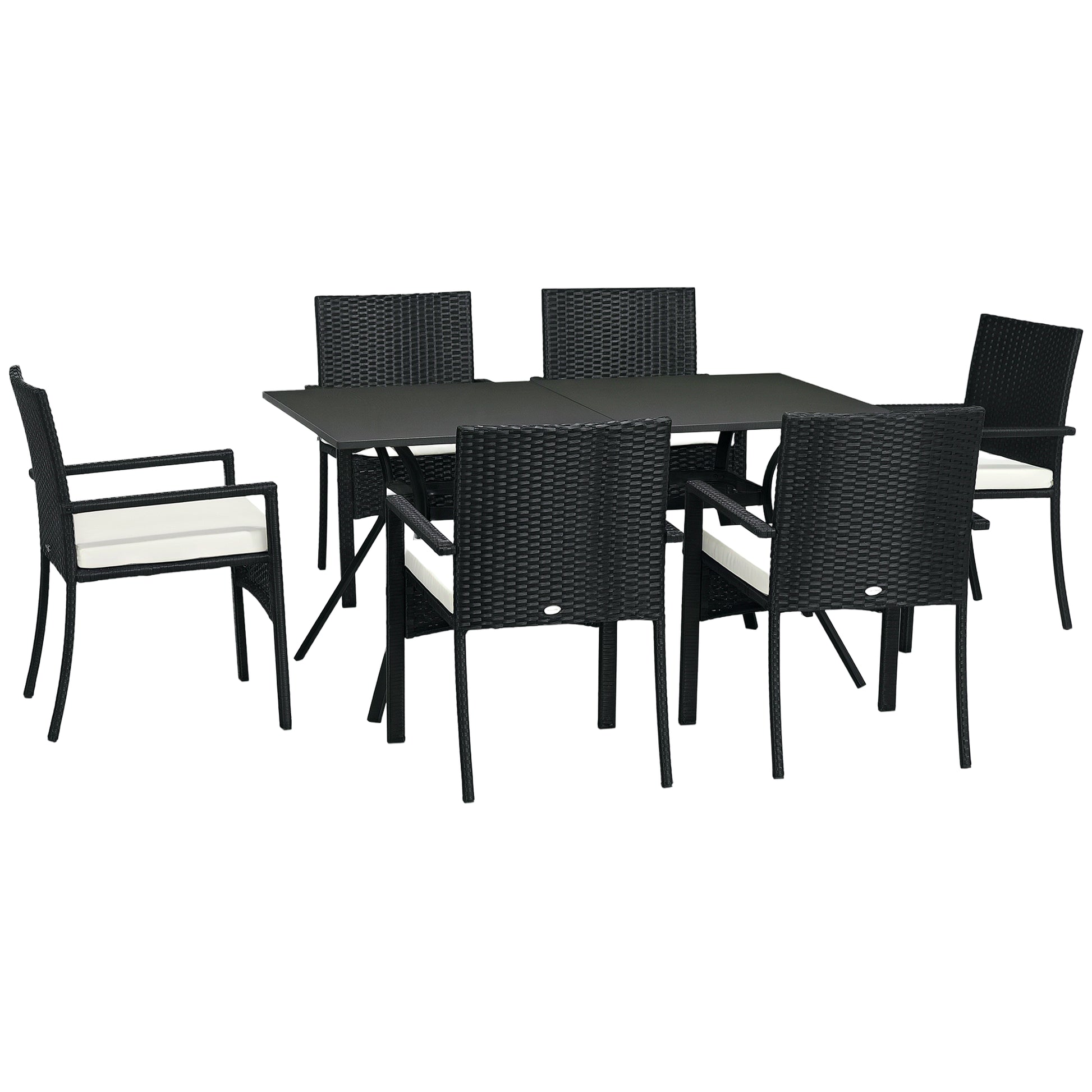 Rattan and Steel Garden Table Set with 7 Pieces, Garden Lounge with 6 Outdoor Armchairs, Washable Cushions and Dining Table, Black