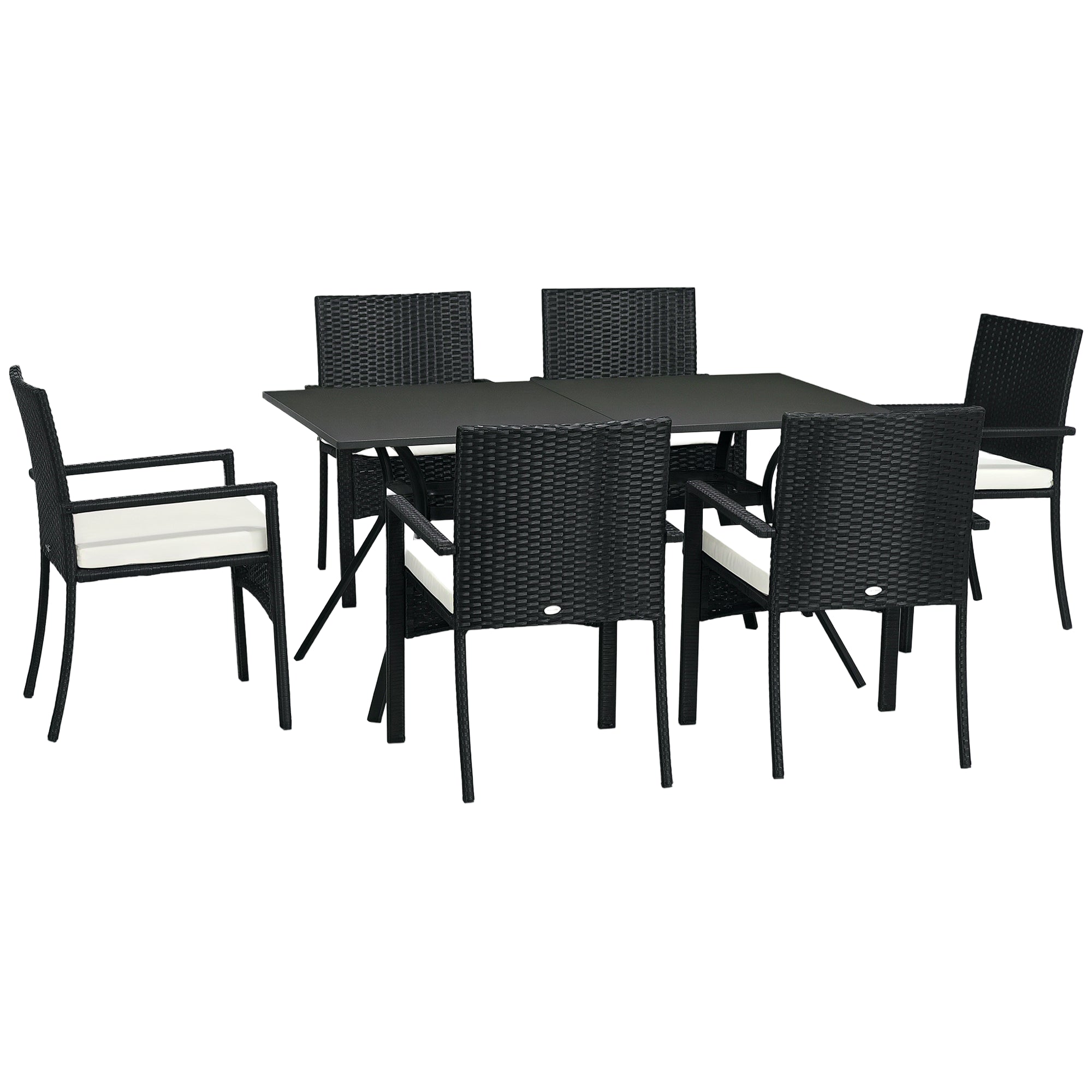 Rattan and Steel Garden Table Set with 7 Pieces, Garden Lounge with 6 Outdoor Armchairs, Washable Cushions and Dining Table, Black