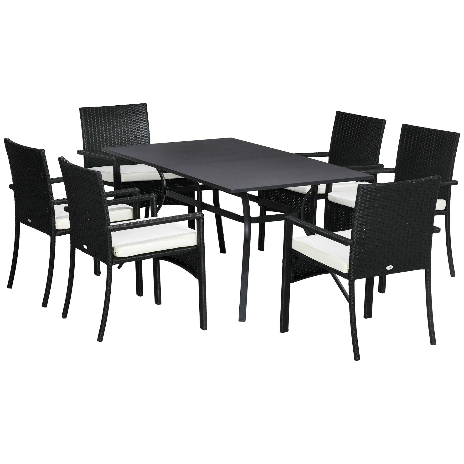 Rattan and Steel Garden Table Set with 7 Pieces, Garden Lounge with 6 Outdoor Armchairs, Washable Cushions and Dining Table, Black