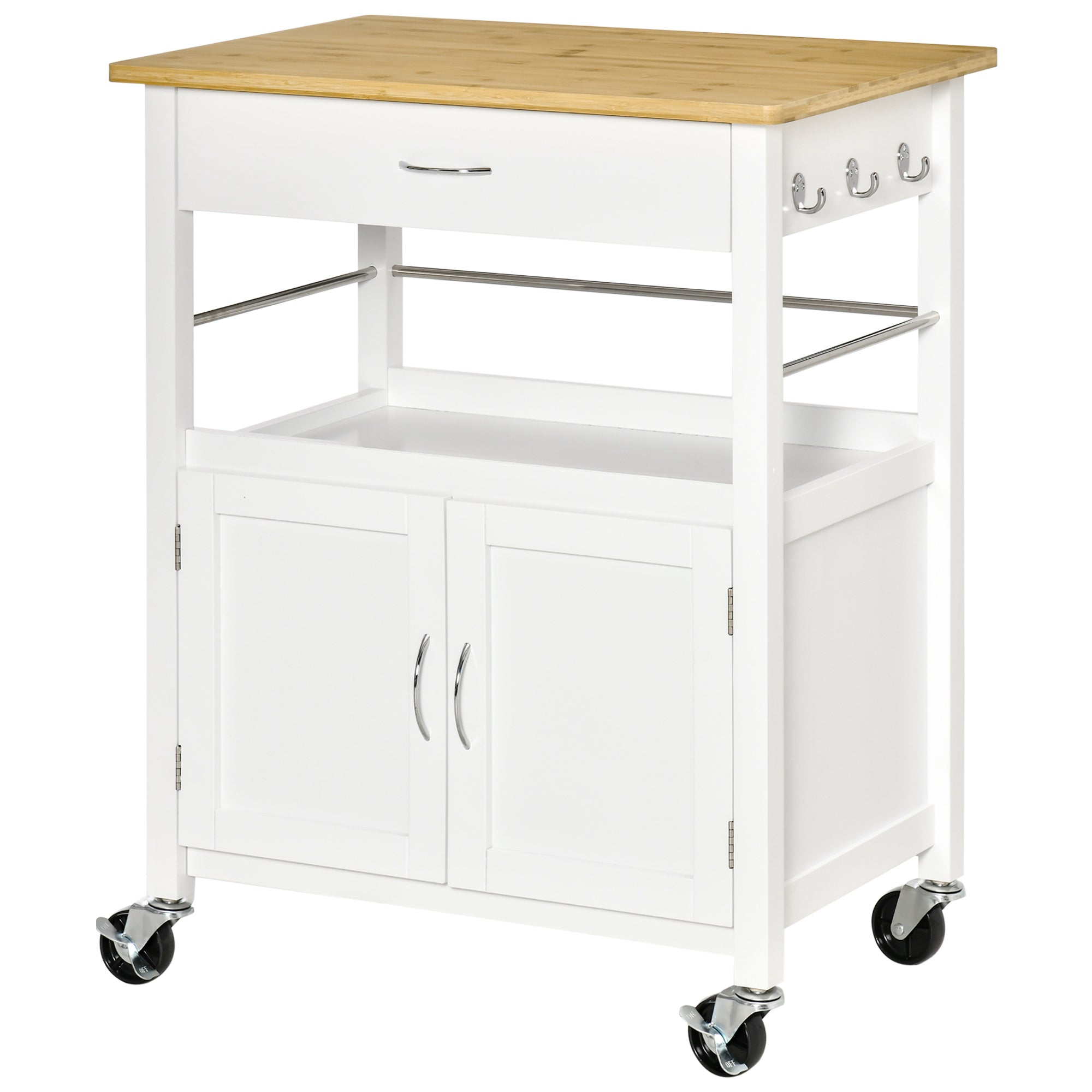 Multi-Storage Kitchen Trolley - dim. 73L x 50W x 91H cm - metal handles MDF white bamboo wood veneer top