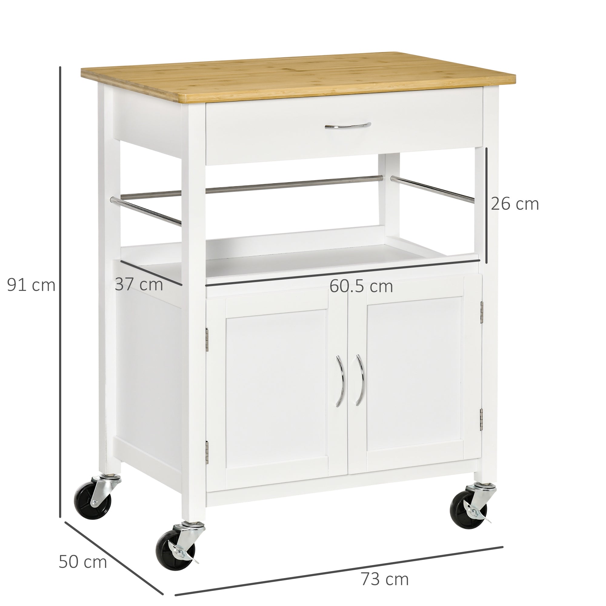 Multi-Storage Kitchen Trolley - dim. 73L x 50W x 91H cm - metal handles MDF white bamboo wood veneer top