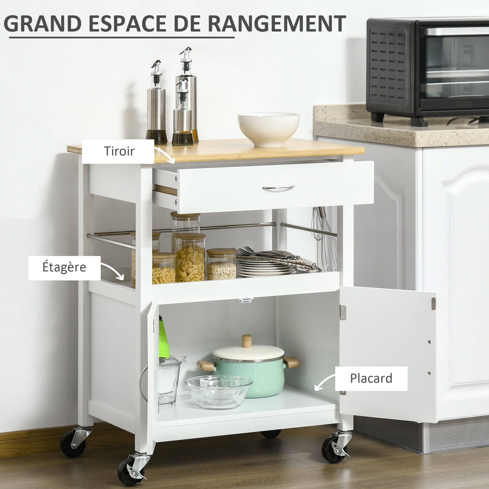 Multi-Storage Kitchen Trolley - dim. 73L x 50W x 91H cm - metal handles MDF white bamboo wood veneer top