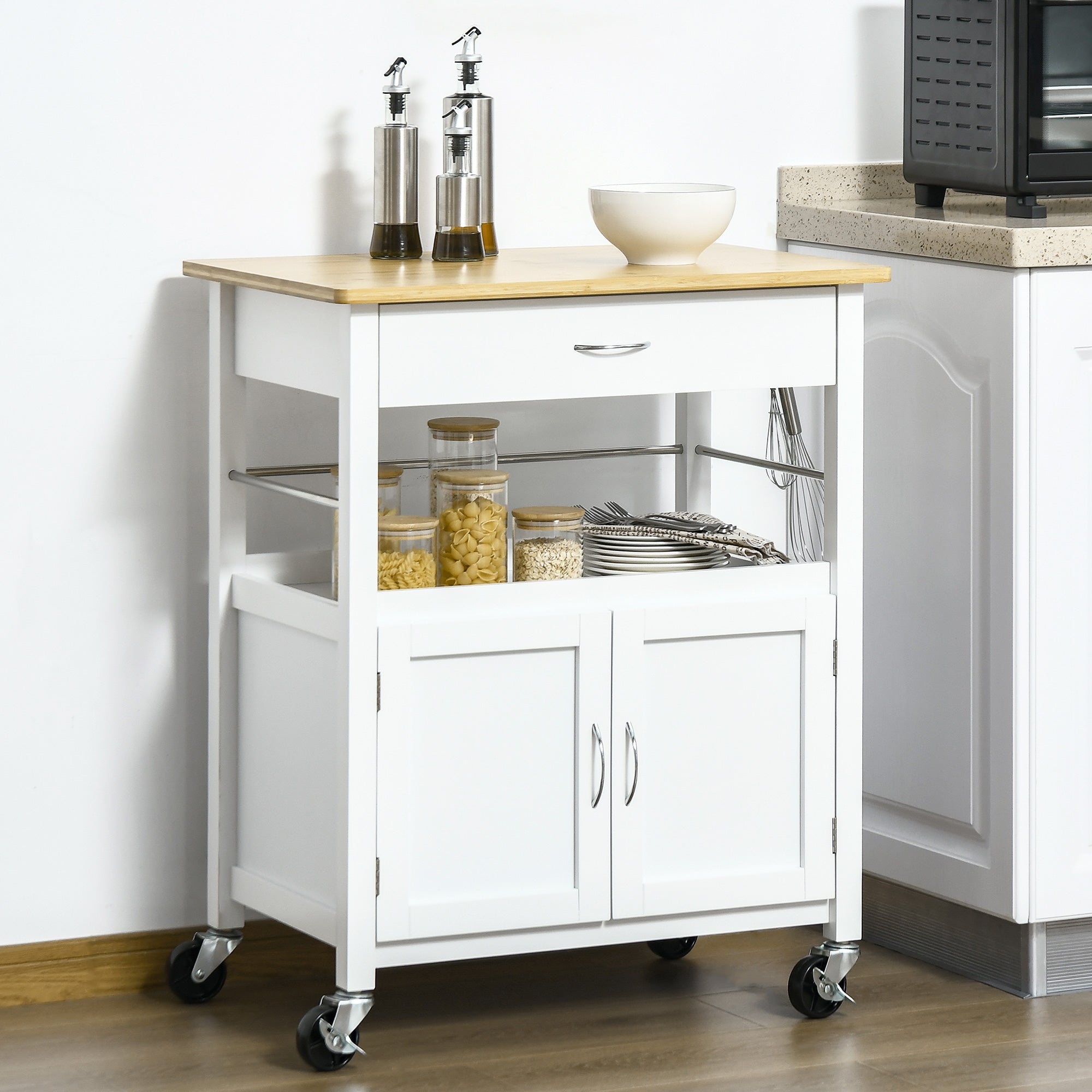 Multi-Storage Kitchen Trolley - dim. 73L x 50W x 91H cm - metal handles MDF white bamboo wood veneer top