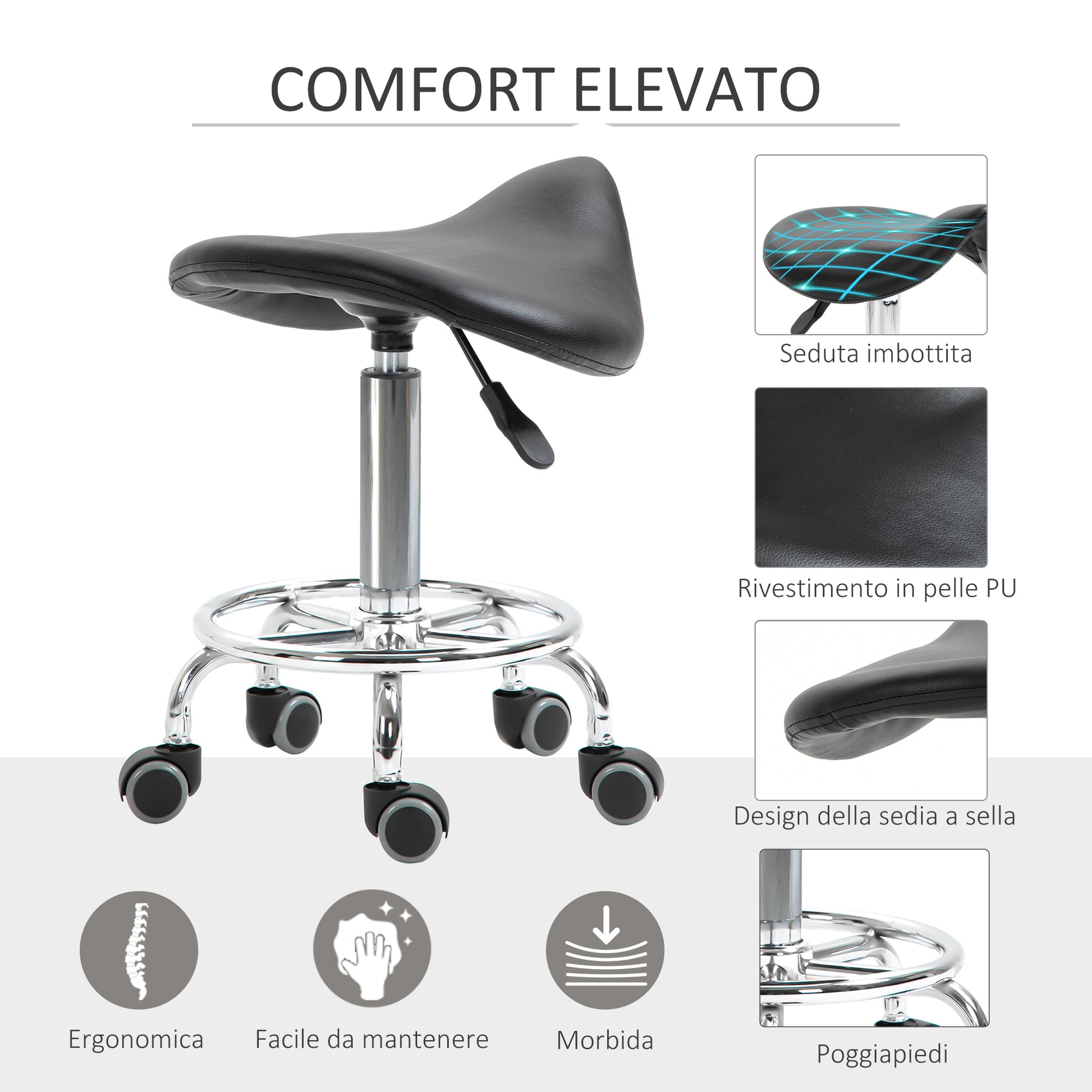 Stool with 5 Wheels, Height Adjustable Stool, Padded Ergonomic Foam Seat, Modern and Versatile Design, 36.5x37.5x51-66 cm, Black
