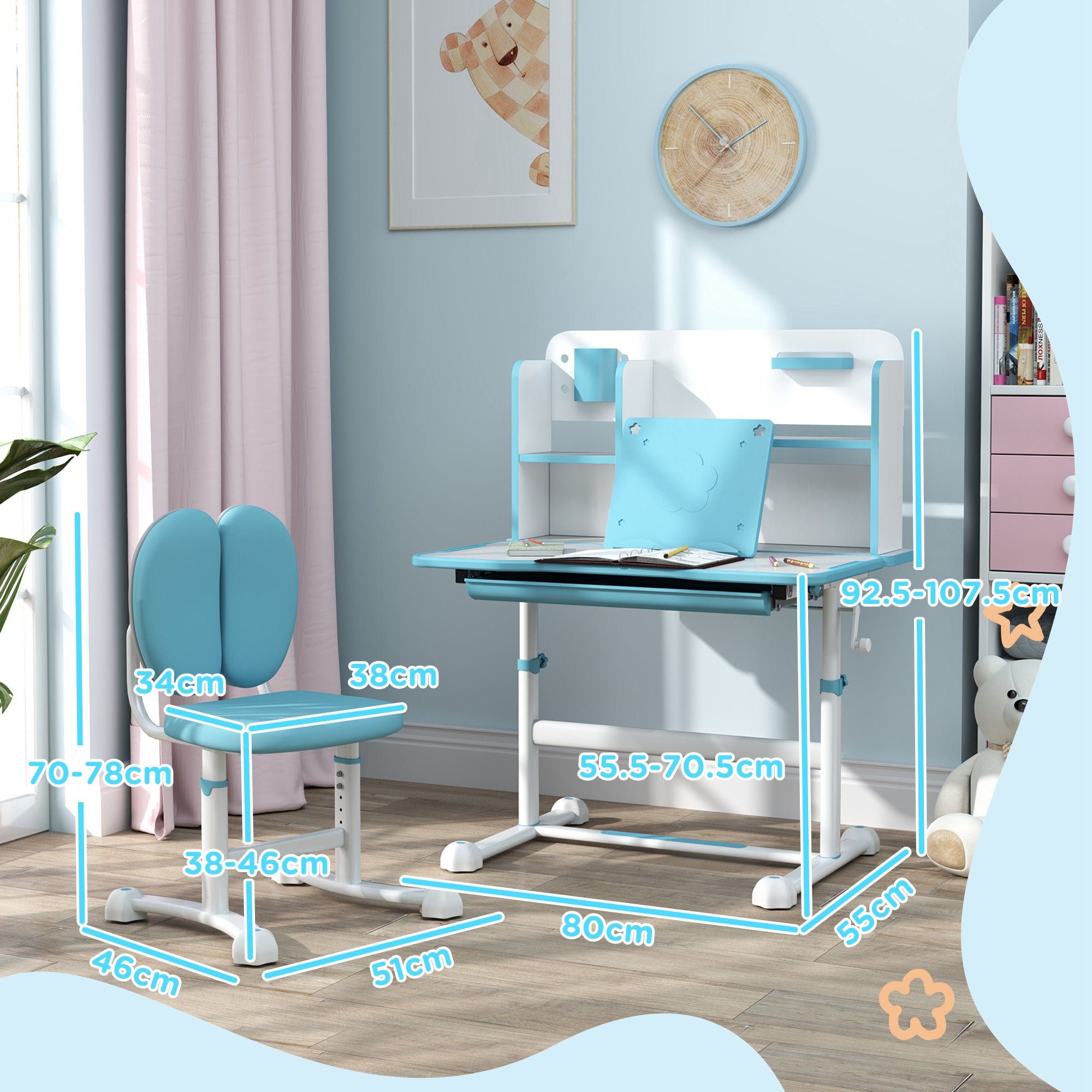 Set Desk and Chair for Kids 3-12 Years Adjustable in Height, School Desk with 45° Tiltable Top, Drawer, Shelf, Pencil Holder, and Reading Stand, in Steel and MDF, Blue