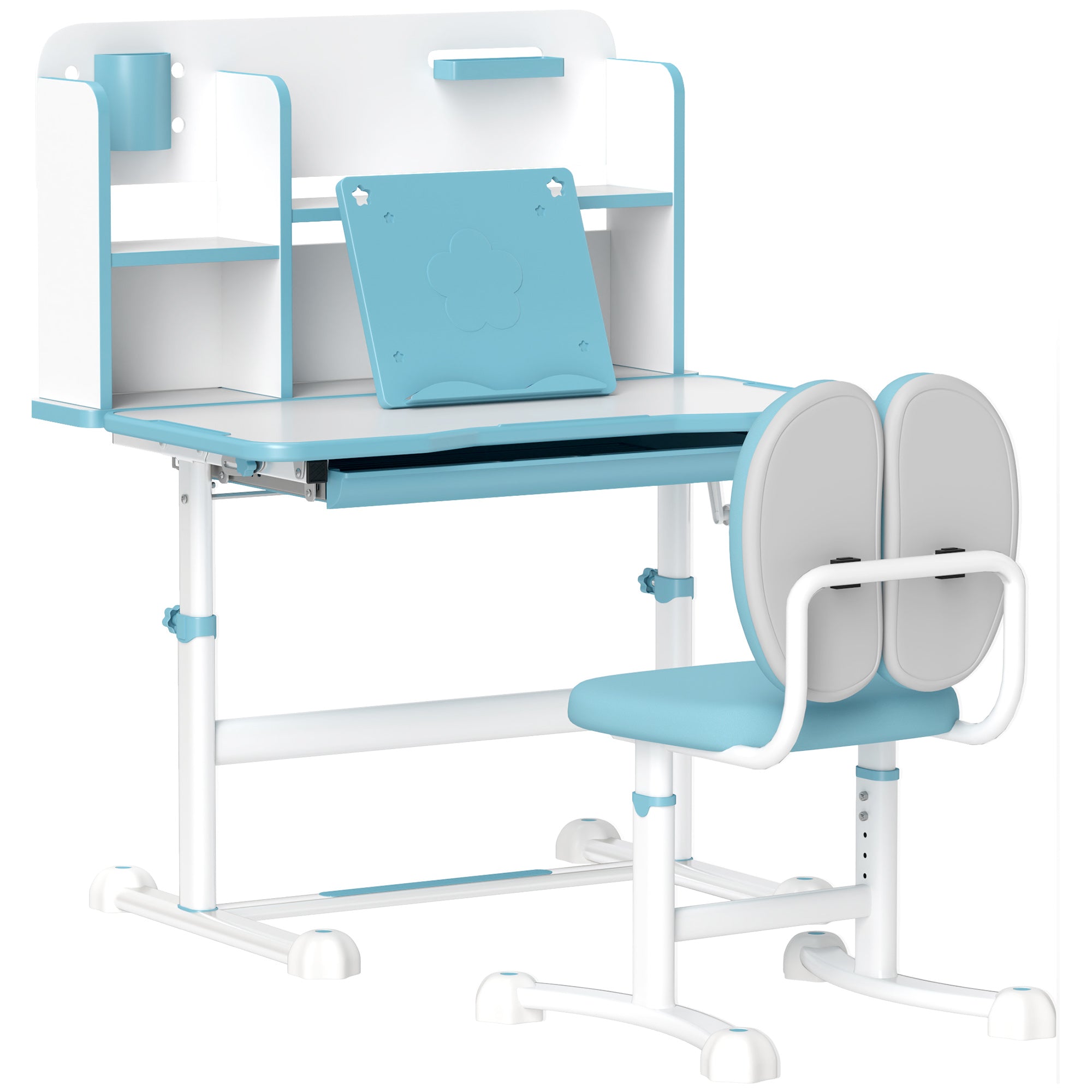 Set Desk and Chair for Kids 3-12 Years Adjustable in Height, School Desk with 45° Tiltable Top, Drawer, Shelf, Pencil Holder, and Reading Stand, in Steel and MDF, Blue