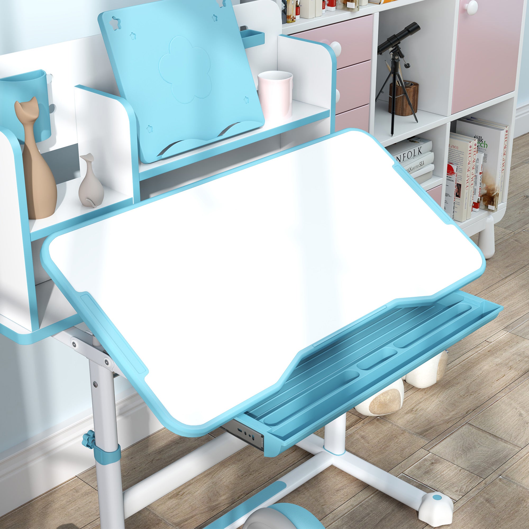 Set Desk and Chair for Kids 3-12 Years Adjustable in Height, School Desk with 45° Tiltable Top, Drawer, Shelf, Pencil Holder, and Reading Stand, in Steel and MDF, Blue