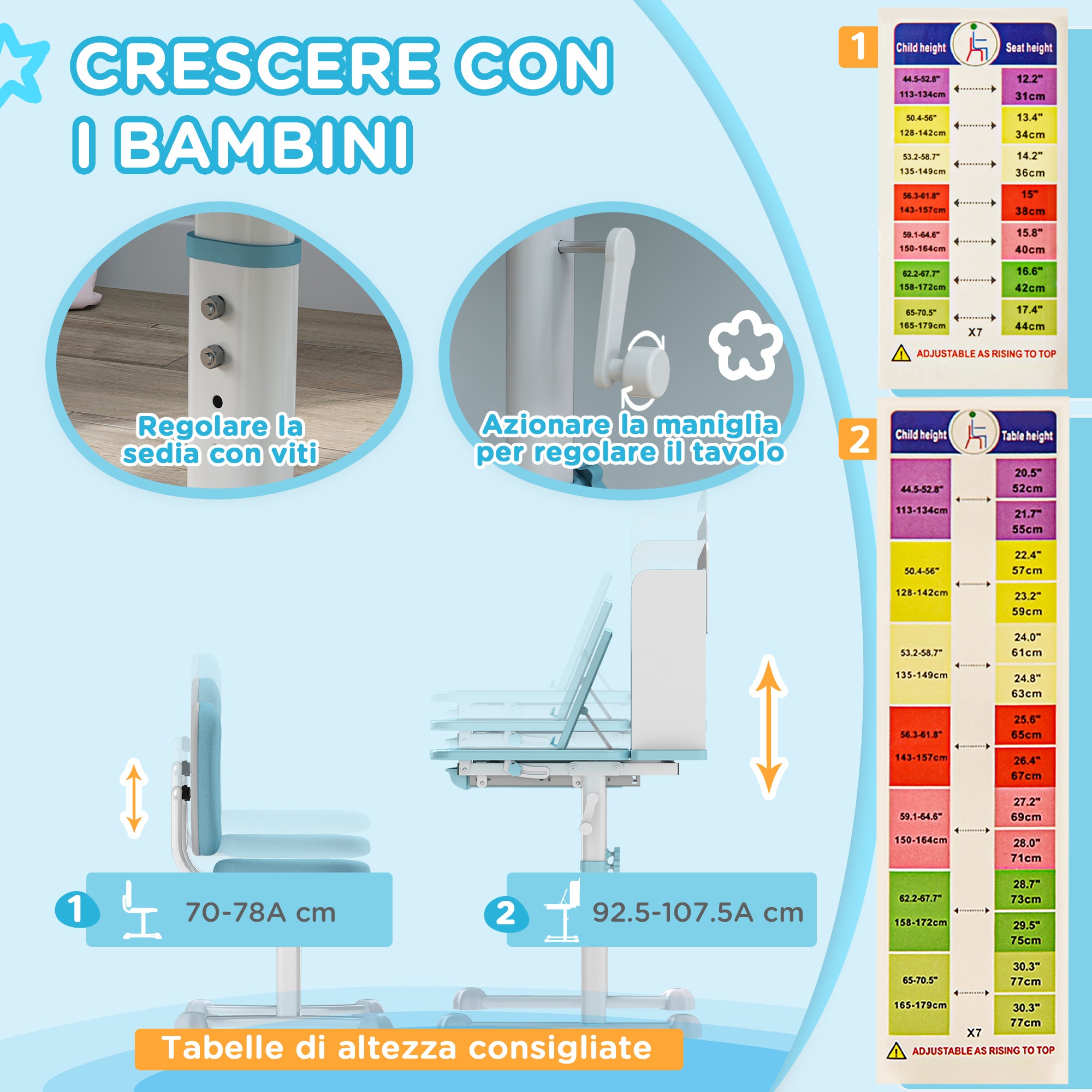 Set Desk and Chair for Kids 3-12 Years Adjustable in Height, School Desk with 45° Tiltable Top, Drawer, Shelf, Pencil Holder, and Reading Stand, in Steel and MDF, Blue