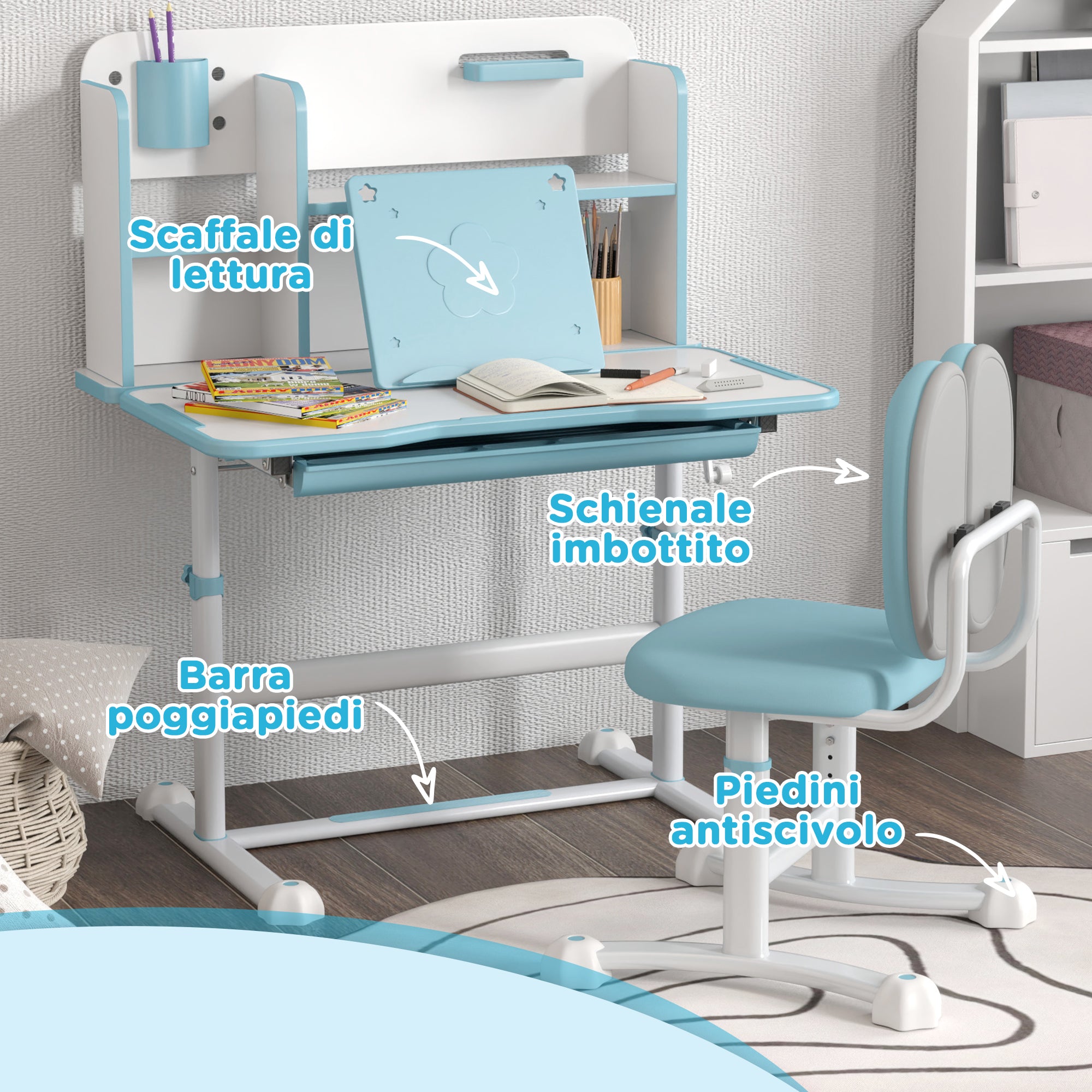 Set Desk and Chair for Kids 3-12 Years Adjustable in Height, School Desk with 45° Tiltable Top, Drawer, Shelf, Pencil Holder, and Reading Stand, in Steel and MDF, Blue
