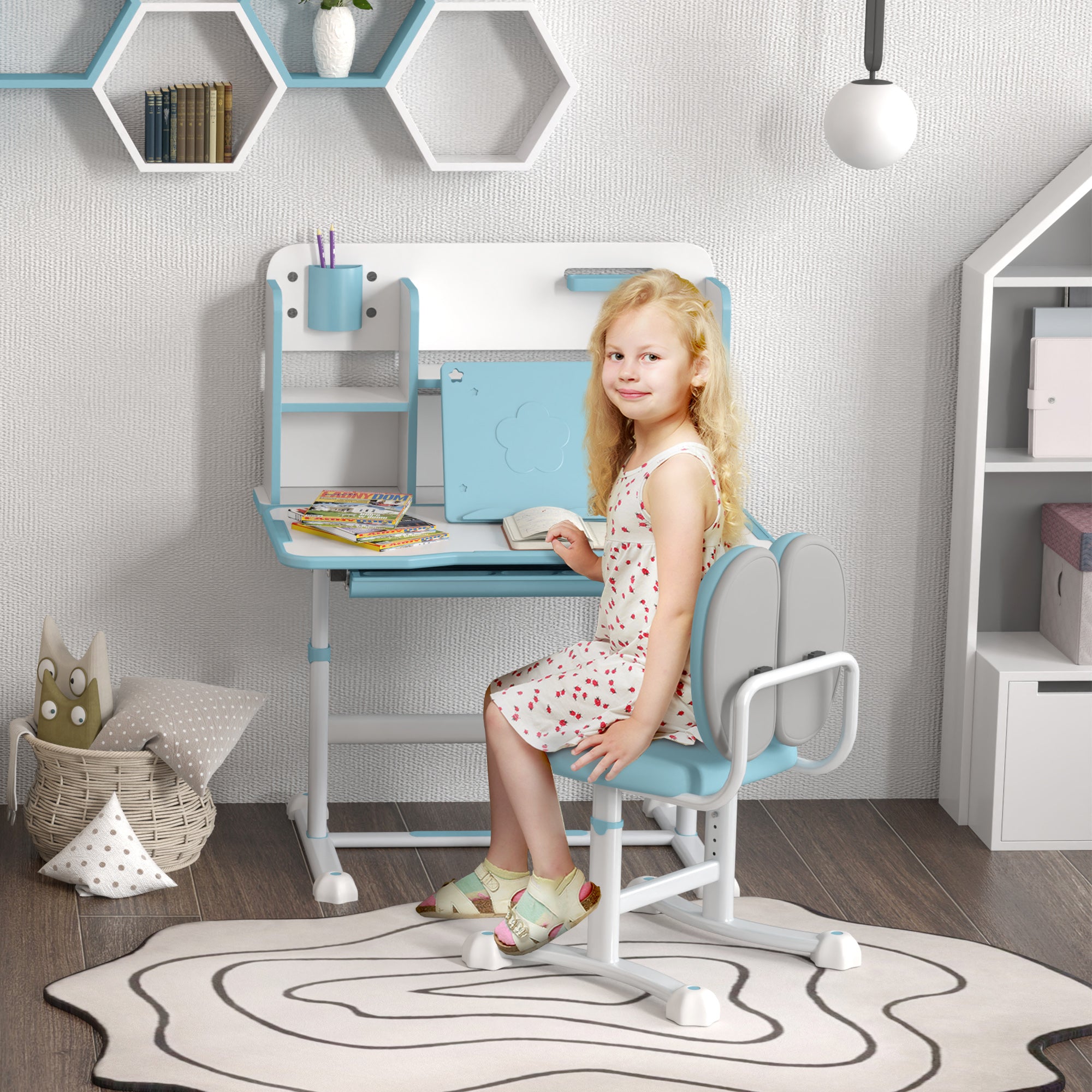 Set Desk and Chair for Kids 3-12 Years Adjustable in Height, School Desk with 45° Tiltable Top, Drawer, Shelf, Pencil Holder, and Reading Stand, in Steel and MDF, Blue