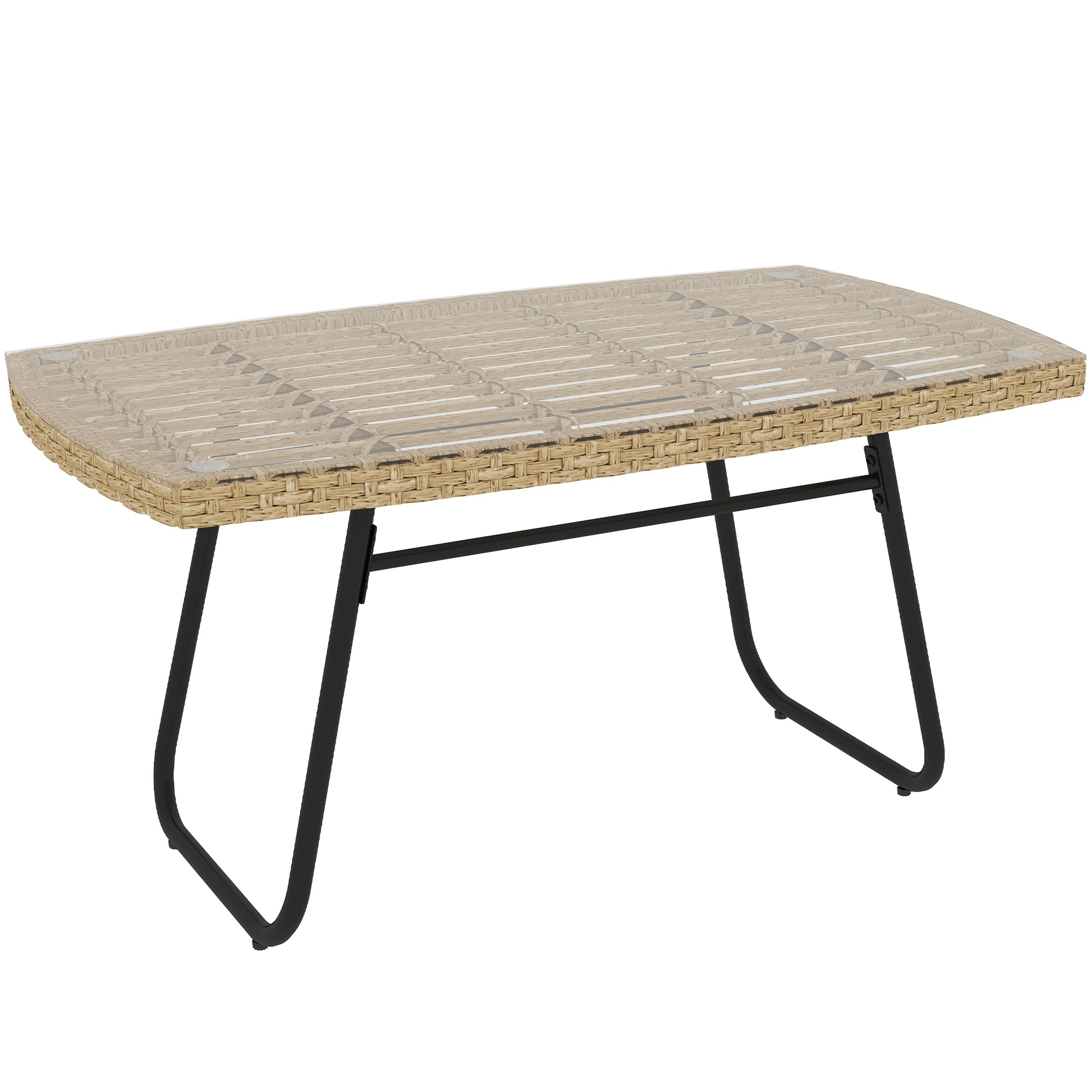 Poly Rattan Garden Table, 90 x 50 x 45 cm, UV Resistant Side Table with Glass Top, Rectangular Patio Table, Balcony Table for Garden, Patio, Balcony Natural Wood