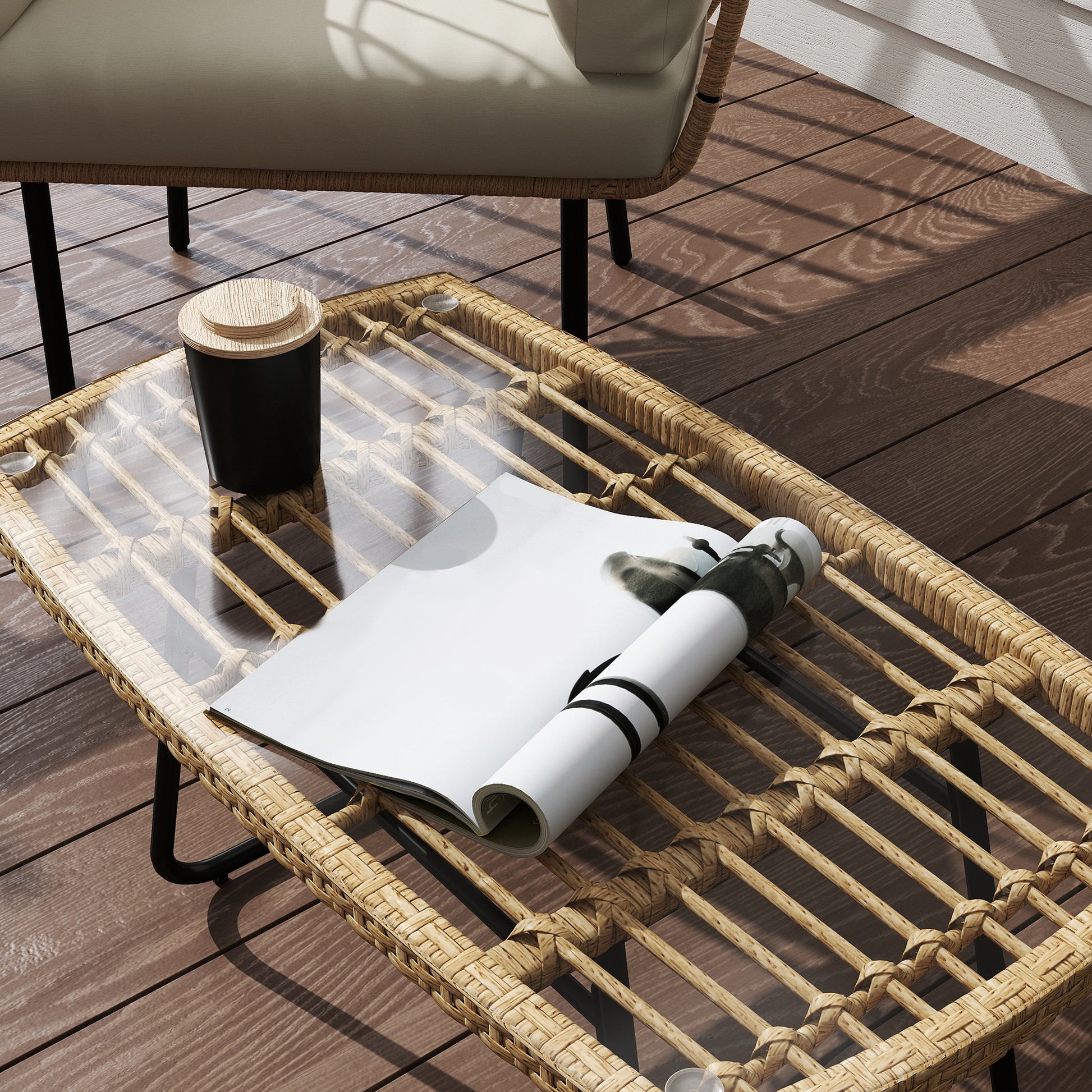 Poly Rattan Garden Table, 90 x 50 x 45 cm, UV Resistant Side Table with Glass Top, Rectangular Patio Table, Balcony Table for Garden, Patio, Balcony Natural Wood