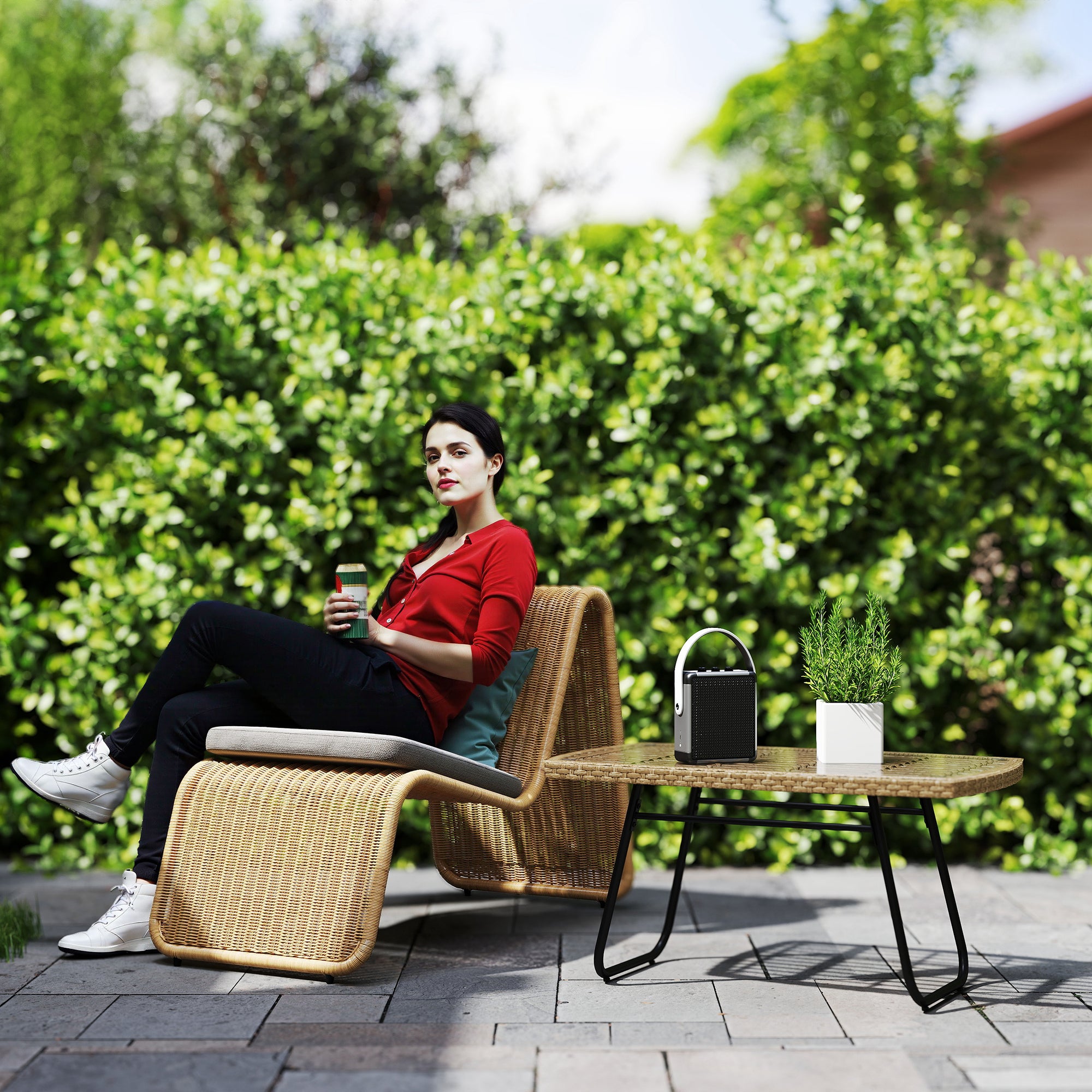 Poly Rattan Garden Table, 90 x 50 x 45 cm, UV Resistant Side Table with Glass Top, Rectangular Patio Table, Balcony Table for Garden, Patio, Balcony Natural Wood