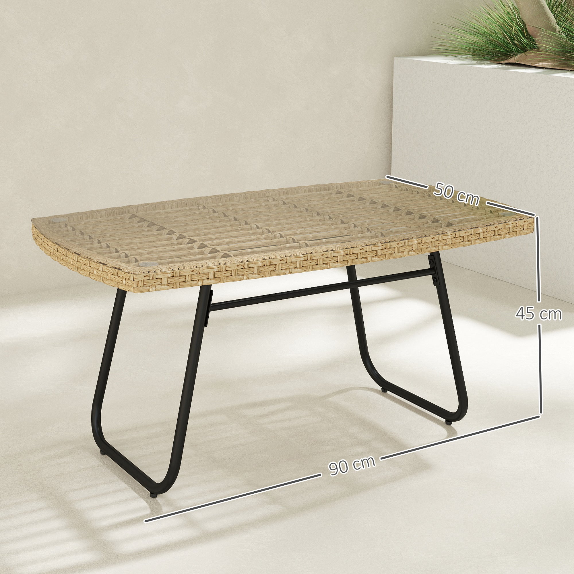 Poly Rattan Garden Table, 90 x 50 x 45 cm, UV Resistant Side Table with Glass Top, Rectangular Patio Table, Balcony Table for Garden, Patio, Balcony Natural Wood