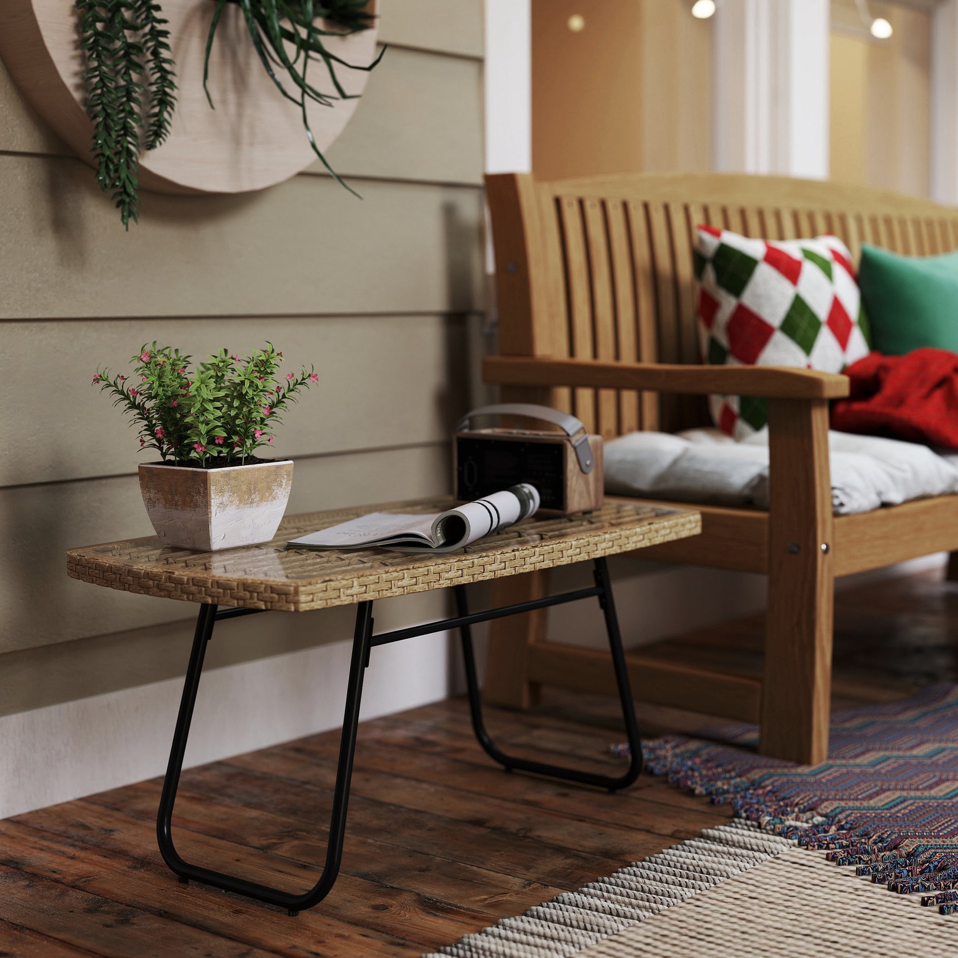 Poly Rattan Garden Table, 90 x 50 x 45 cm, UV Resistant Side Table with Glass Top, Rectangular Patio Table, Balcony Table for Garden, Patio, Balcony Natural Wood