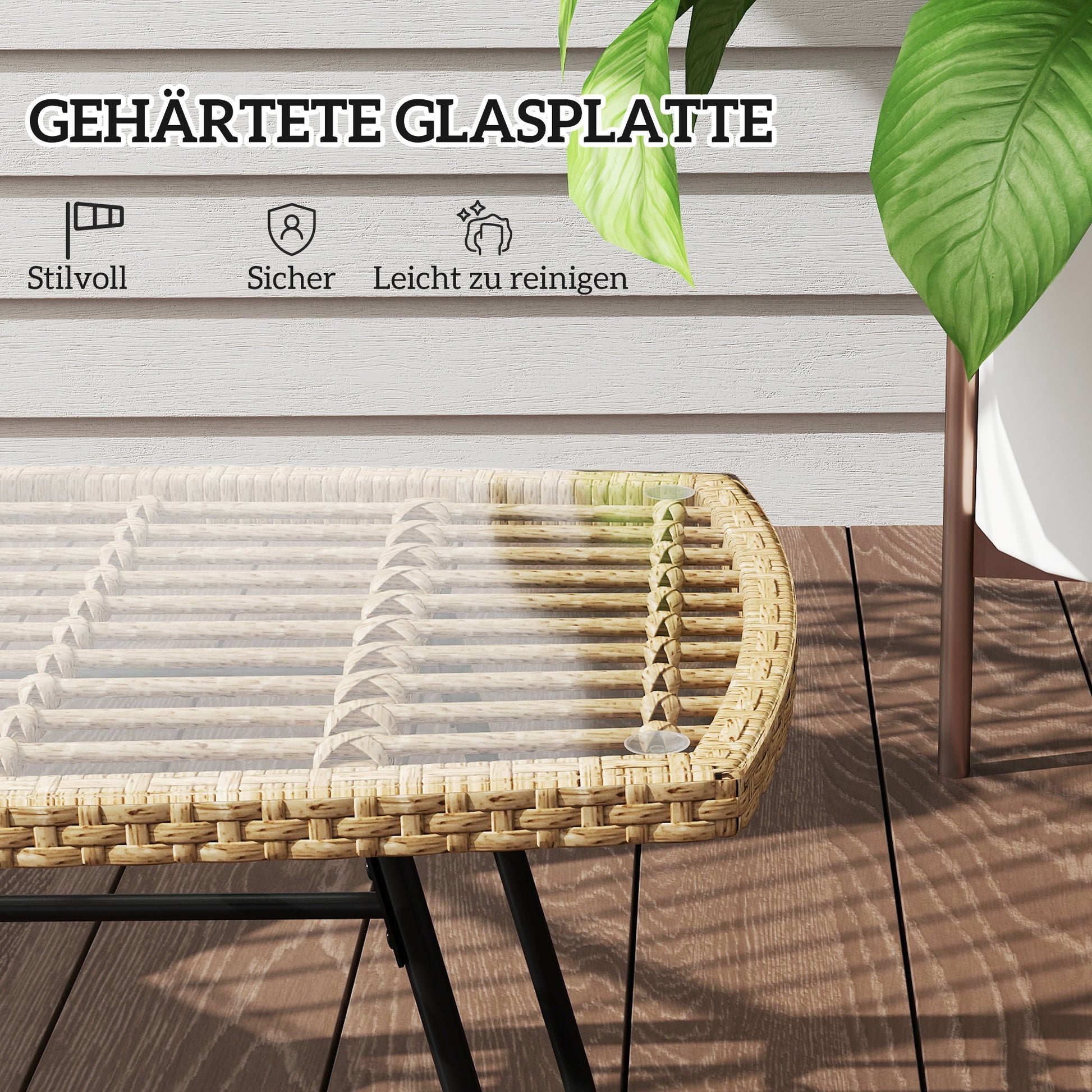 Poly Rattan Garden Table, 90 x 50 x 45 cm, UV Resistant Side Table with Glass Top, Rectangular Patio Table, Balcony Table for Garden, Patio, Balcony Natural Wood