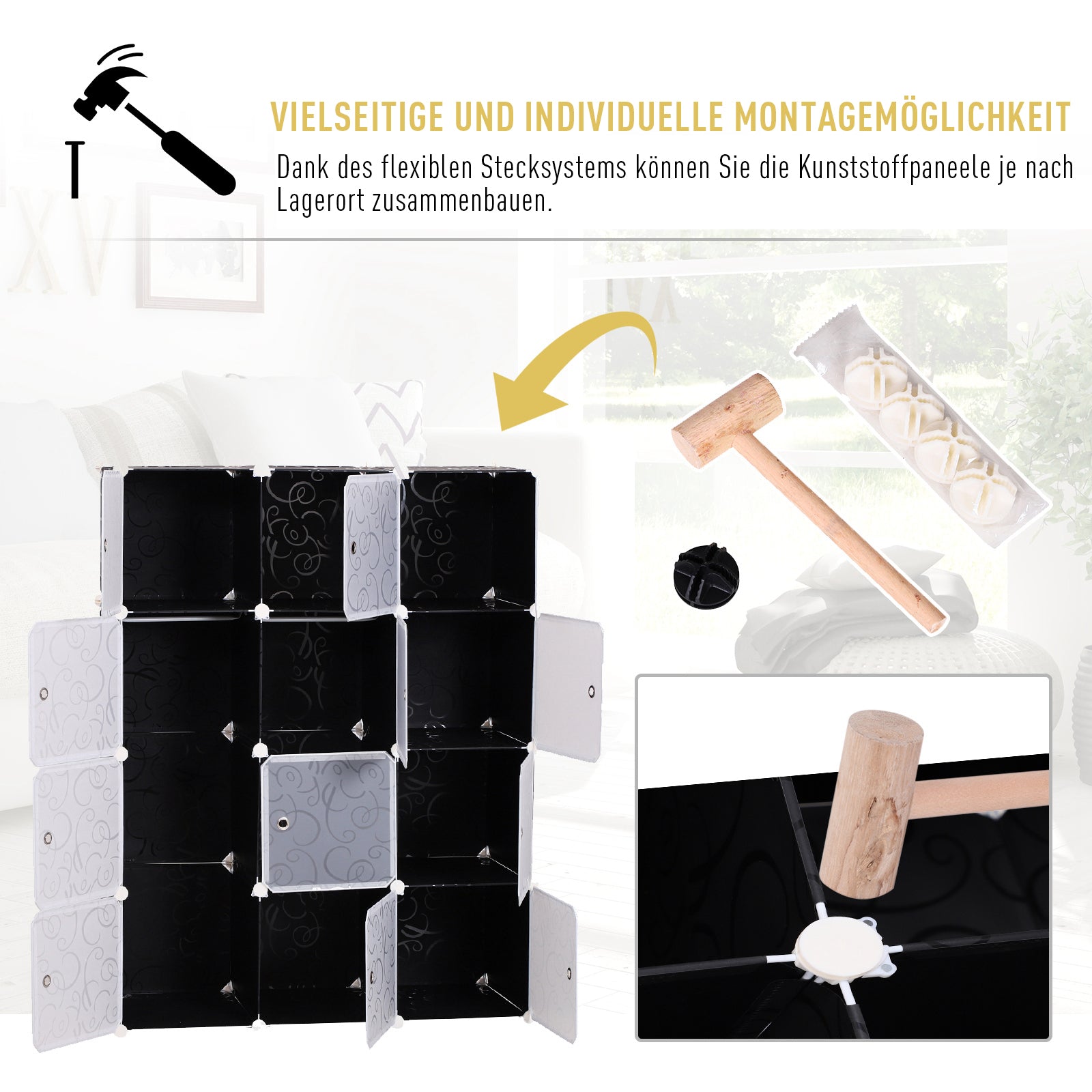 DIY Wardrobe Shelving System with 2 Large and 9 Small Cubes DIY Cube Storage, Shoe Rack, Bookshelf Toy Cabinet Black 111 x 47 x 145 cm