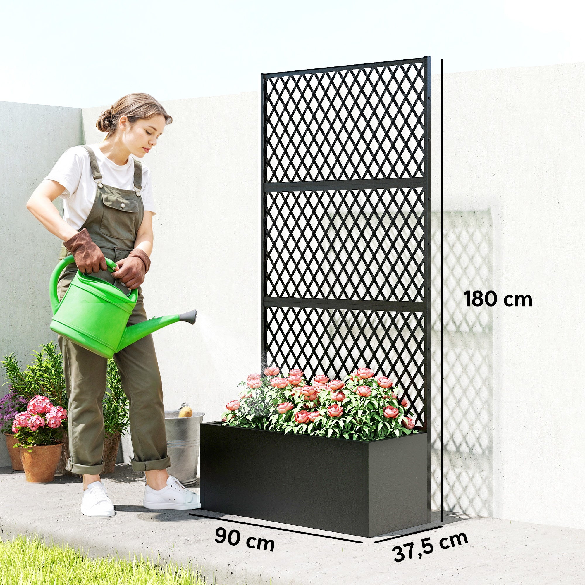 Metal Planter Box with Trellis, 35.4 x 14.8 x 70.9 in — Black