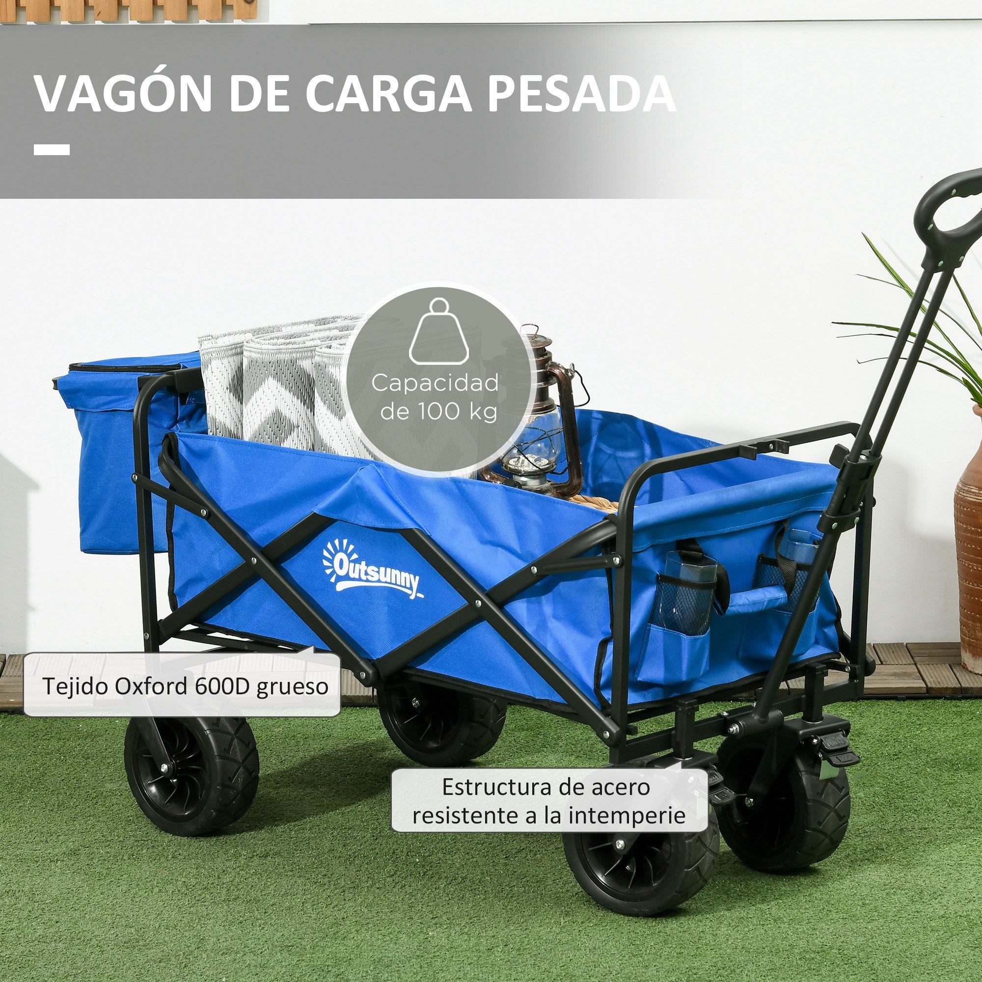 Garden Cart with Removable Cooler Bag Beach Folding Wagon with Adjustable Length and Angle of Handle and Transport Bag 100 kg Load Capacity Blue