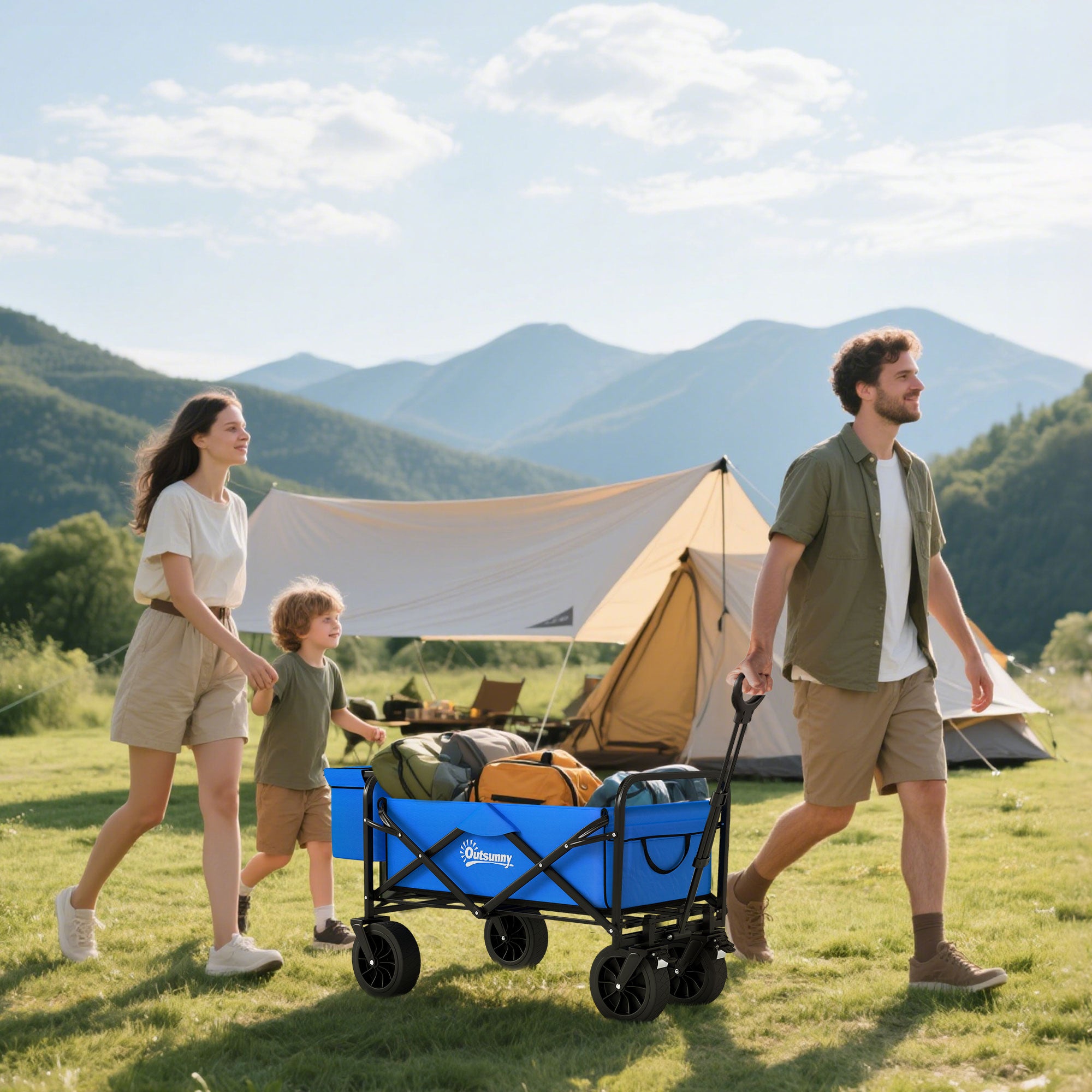 Garden Cart with Removable Cooler Bag Beach Folding Wagon with Adjustable Length and Angle of Handle and Transport Bag 100 kg Load Capacity Blue