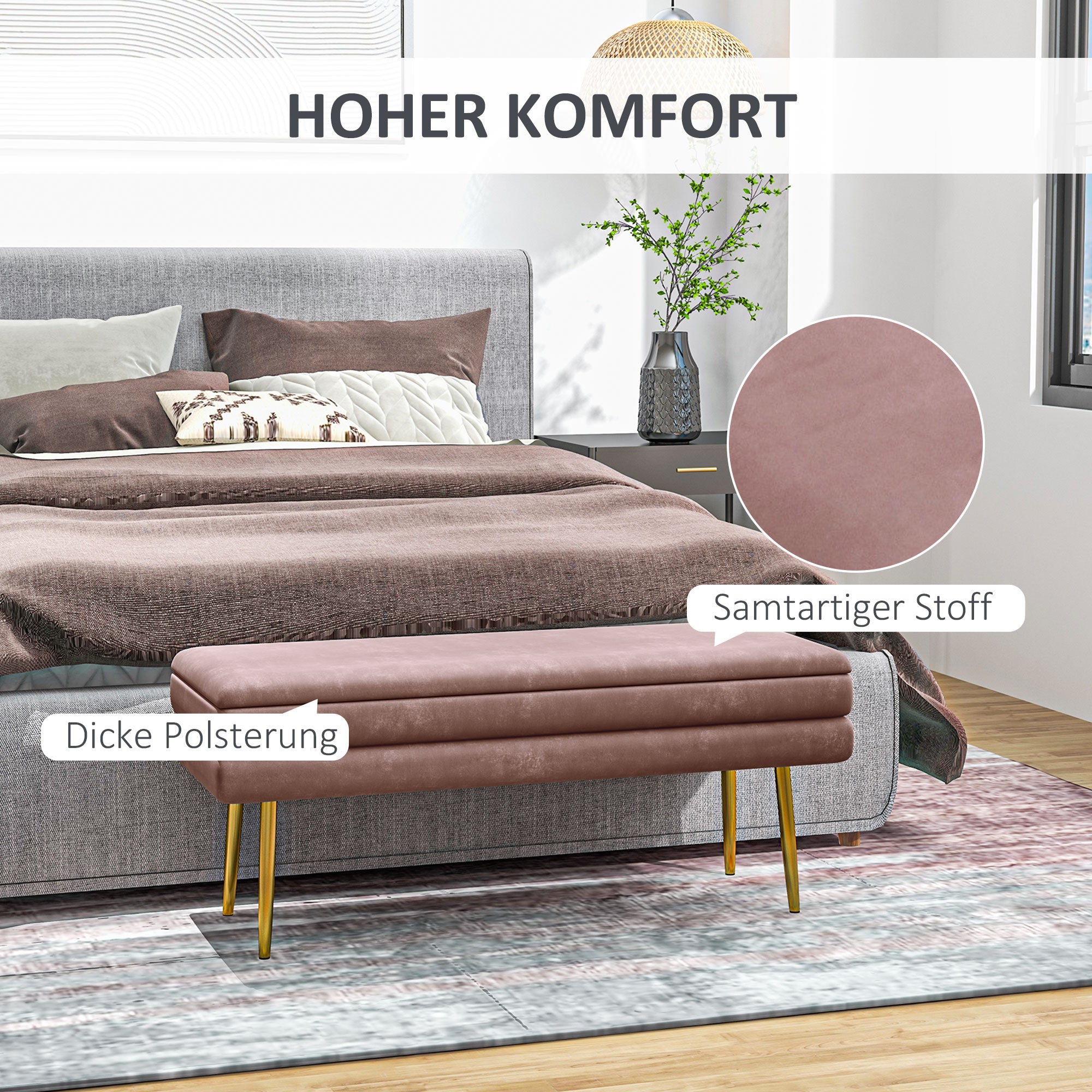 Bench, Upholstered Bench with Storage, Velvet Look, Bed Bench with Steel Legs, Shoe Bench, Storage Bench for Living Room, Bedroom, Pink, 100 x 37.5 x 42 cm