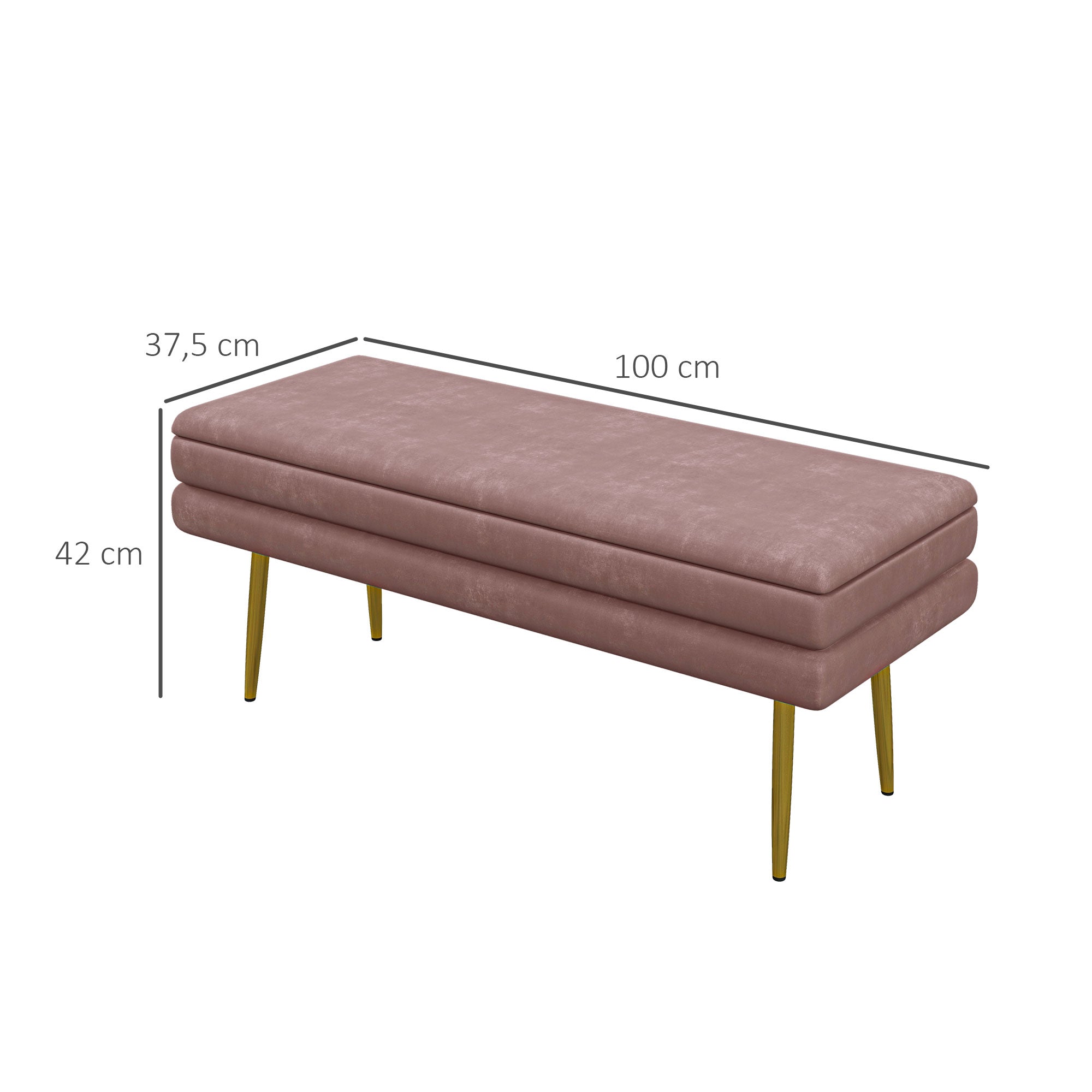 Bench, Upholstered Bench with Storage, Velvet Look, Bed Bench with Steel Legs, Shoe Bench, Storage Bench for Living Room, Bedroom, Pink, 100 x 37.5 x 42 cm