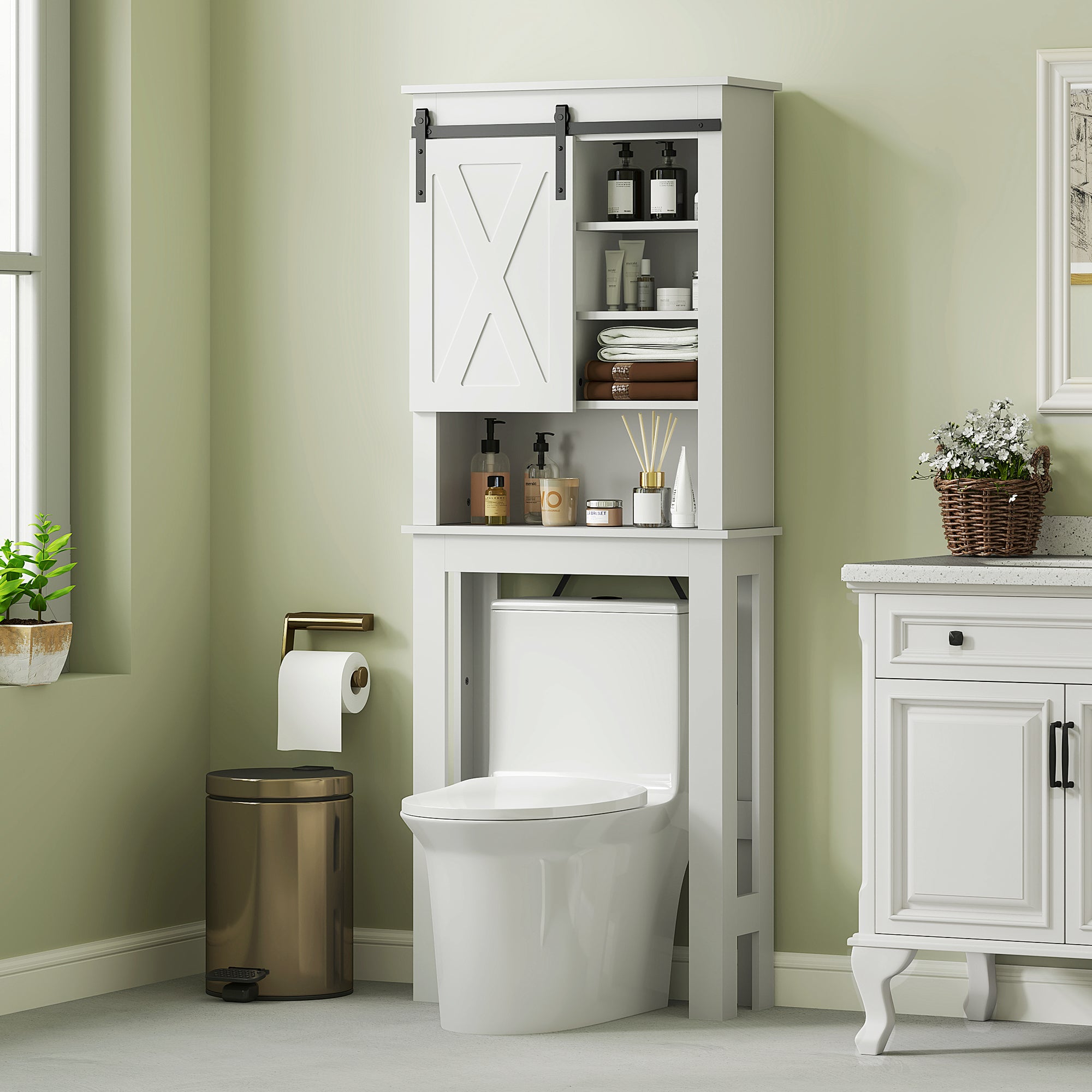 Over-The-Toilet Cabinet Over-Toilet Storage Cabinet with Barn-Style Sliding Door and 6 Compartments Rustic Bathroom Cabinet 67x25x172 cm White