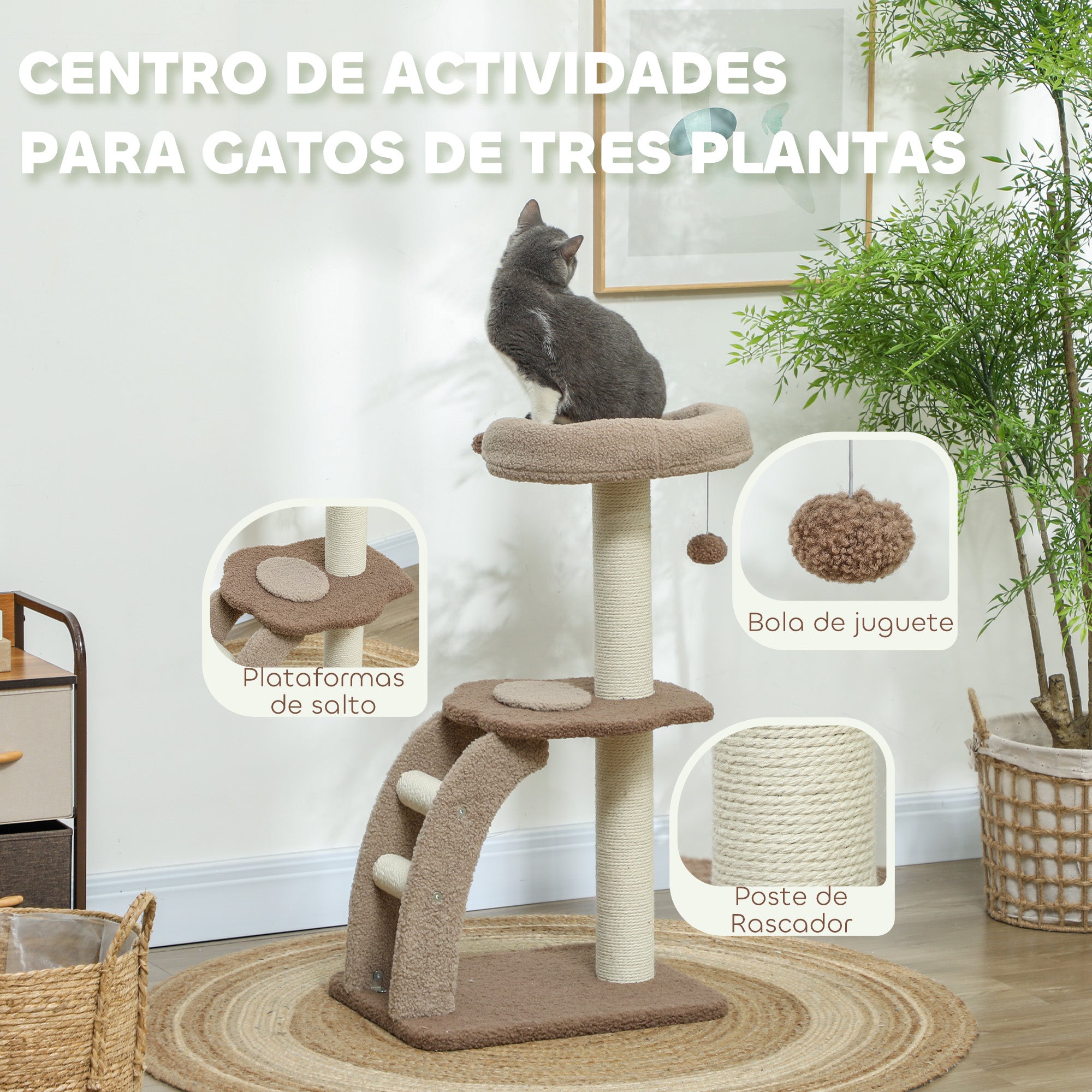 Cat Scratching Tree 88 cm Height Cat Tree Tower with Nest Platforms Hanging Ball Ladder and Sisal Post Brown