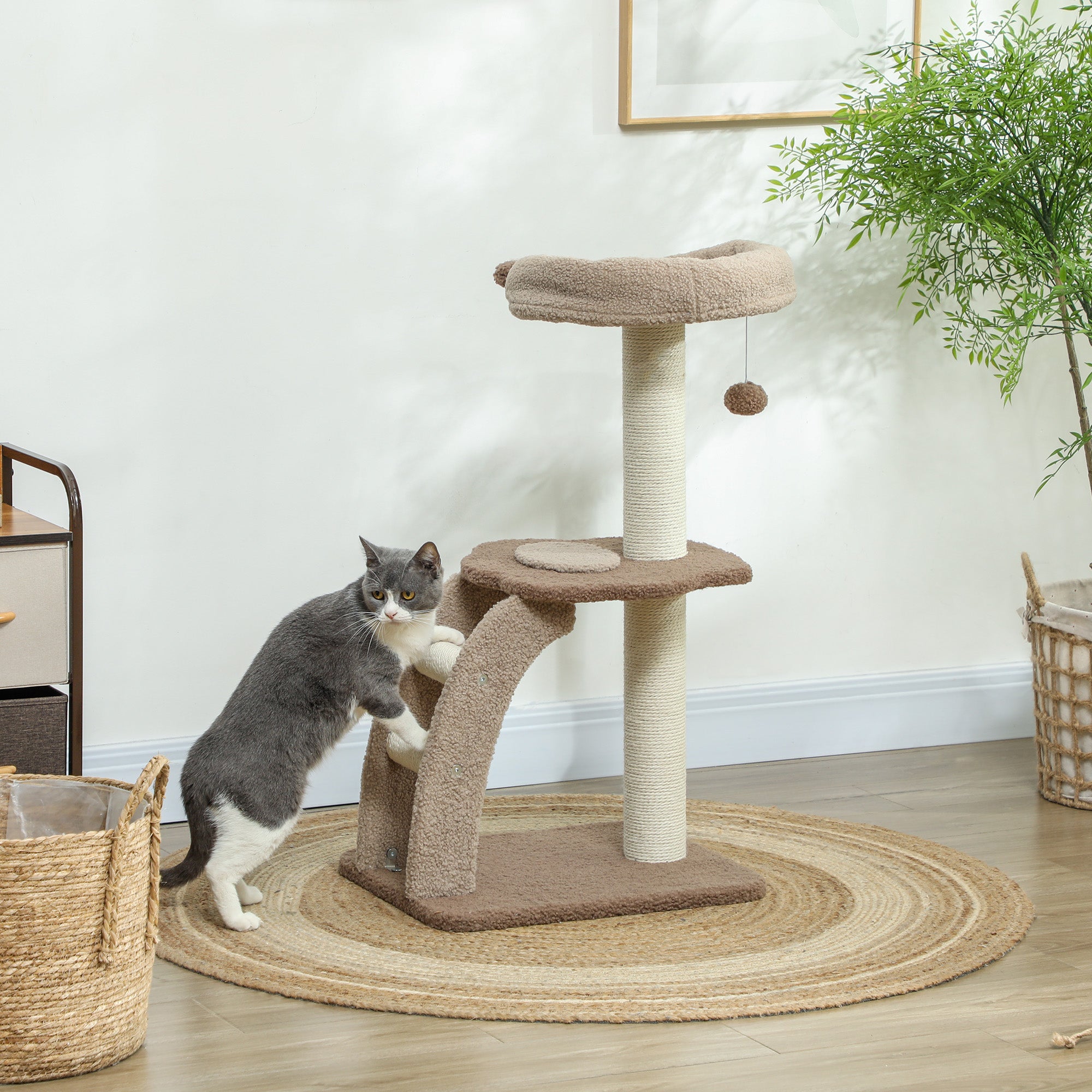 Cat Scratching Tree 88 cm Height Cat Tree Tower with Nest Platforms Hanging Ball Ladder and Sisal Post Brown