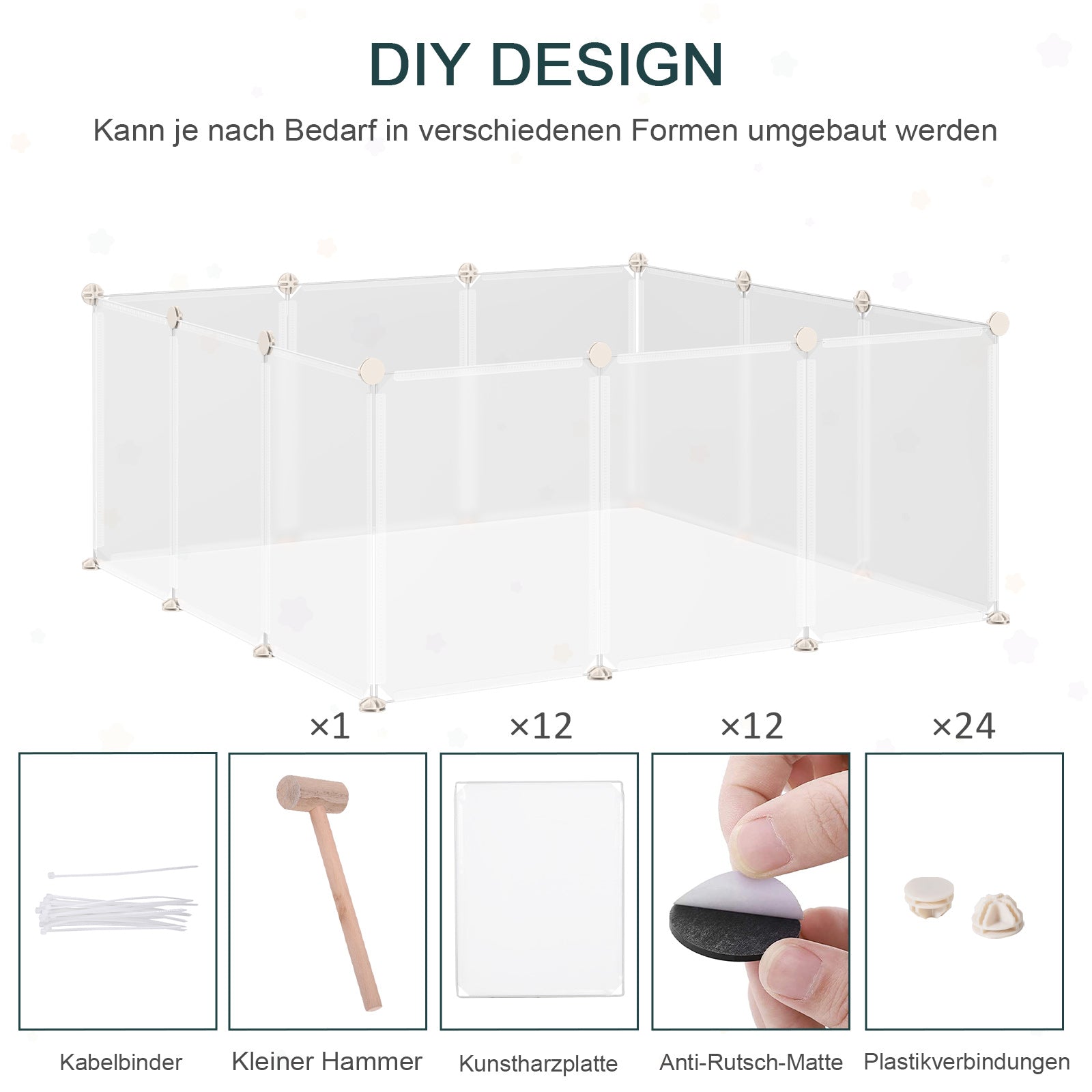 Freilaufgehege Laufgitter DIY Freigehege Gittergehege Absperrgitter Kleine Haustiere Laufstall für Innen 12 Platten White Metal PP Resin 105 x 105 x 45 cm