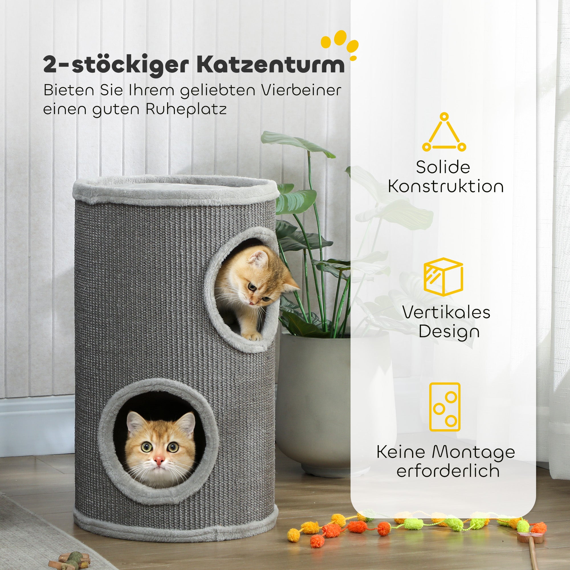 Barrel Cat Scratcher, 60 cm H x 35 cm Ø – Two-Level Cat Tower with 2 Hideouts, Plush-Edged Scratcher for 1–2 Cats up to 5 kg, Light Gray