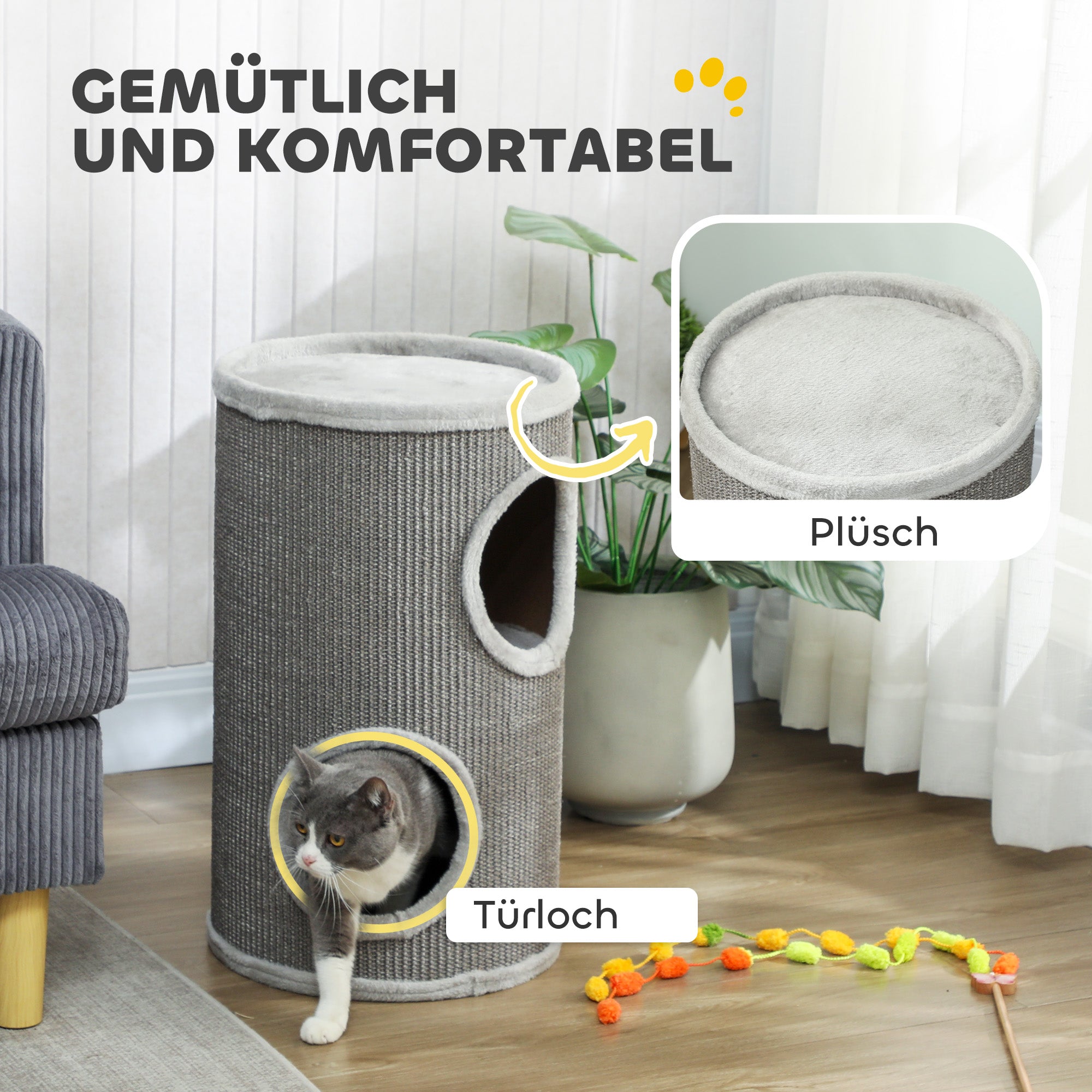 Barrel Cat Scratcher, 60 cm H x 35 cm Ø – Two-Level Cat Tower with 2 Hideouts, Plush-Edged Scratcher for 1–2 Cats up to 5 kg, Light Gray