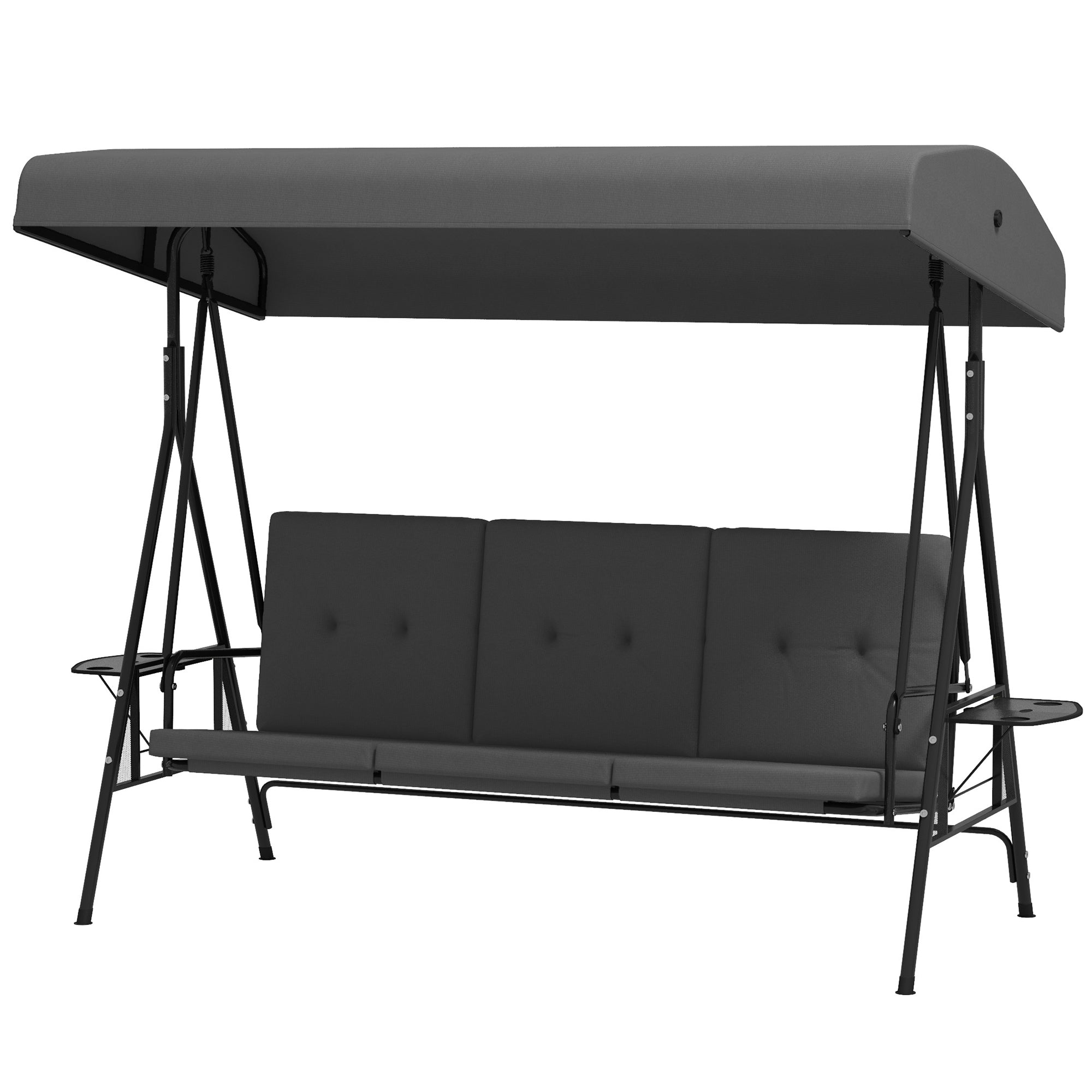 Garden Swing for 3 People with Adjustable Sunroof, 2 Folding Side Trays, Cushions, Made of Steel and Polyester, Dark Gray