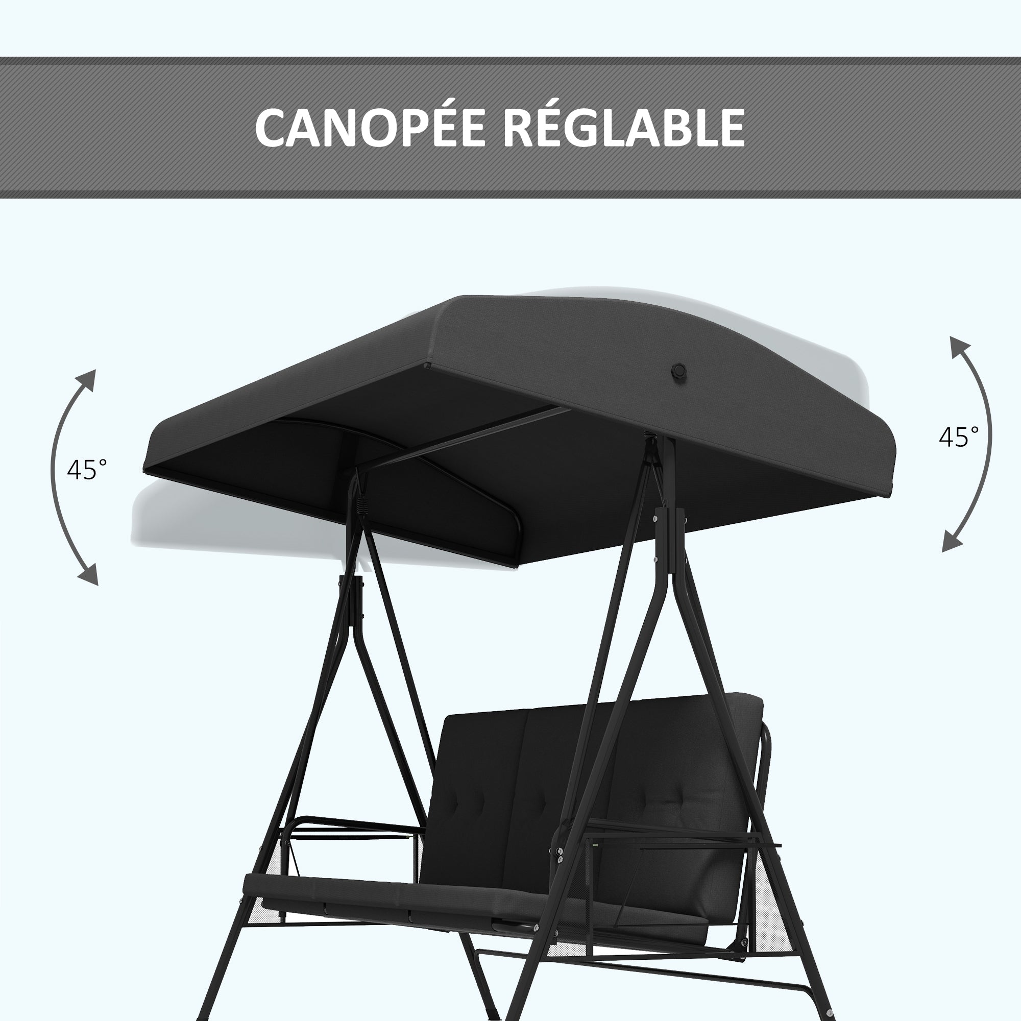 Garden Swing for 3 People with Adjustable Sunroof, 2 Folding Side Trays, Cushions, Made of Steel and Polyester, Dark Gray