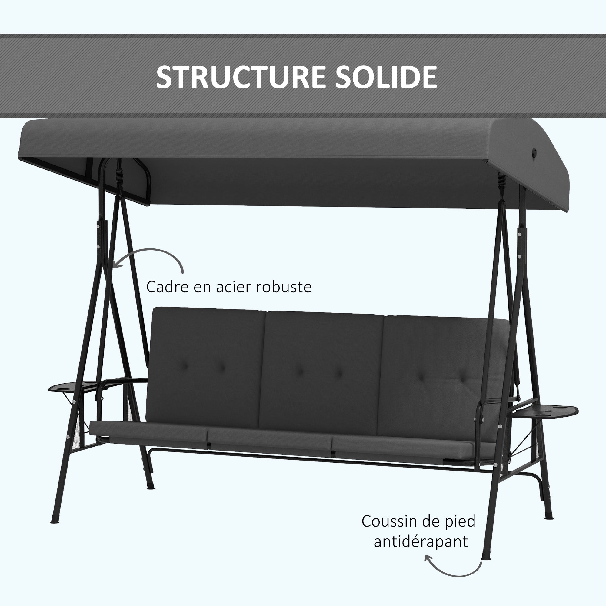 Garden Swing for 3 People with Adjustable Sunroof, 2 Folding Side Trays, Cushions, Made of Steel and Polyester, Dark Gray