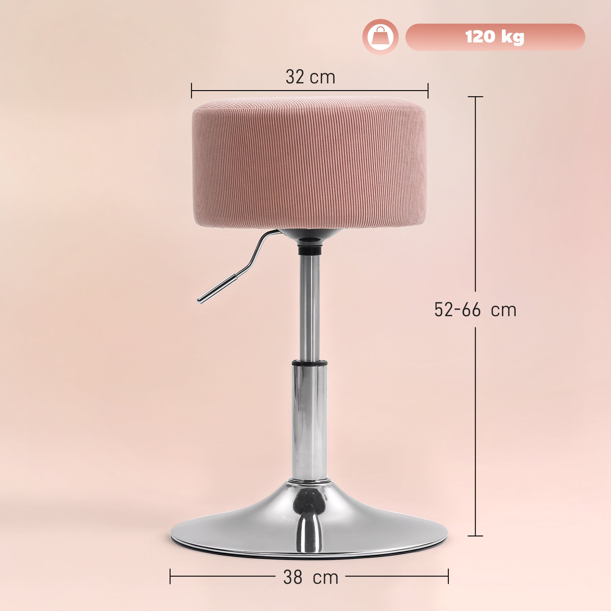 Bar Stool, Upholstered Bar Chair with Metal Frame, Corduroy Look, Height Adjustable Kitchen Stool with Footrest 360° Swivel Counter Stool for Kitchen, Living Room, Dining Room Pink