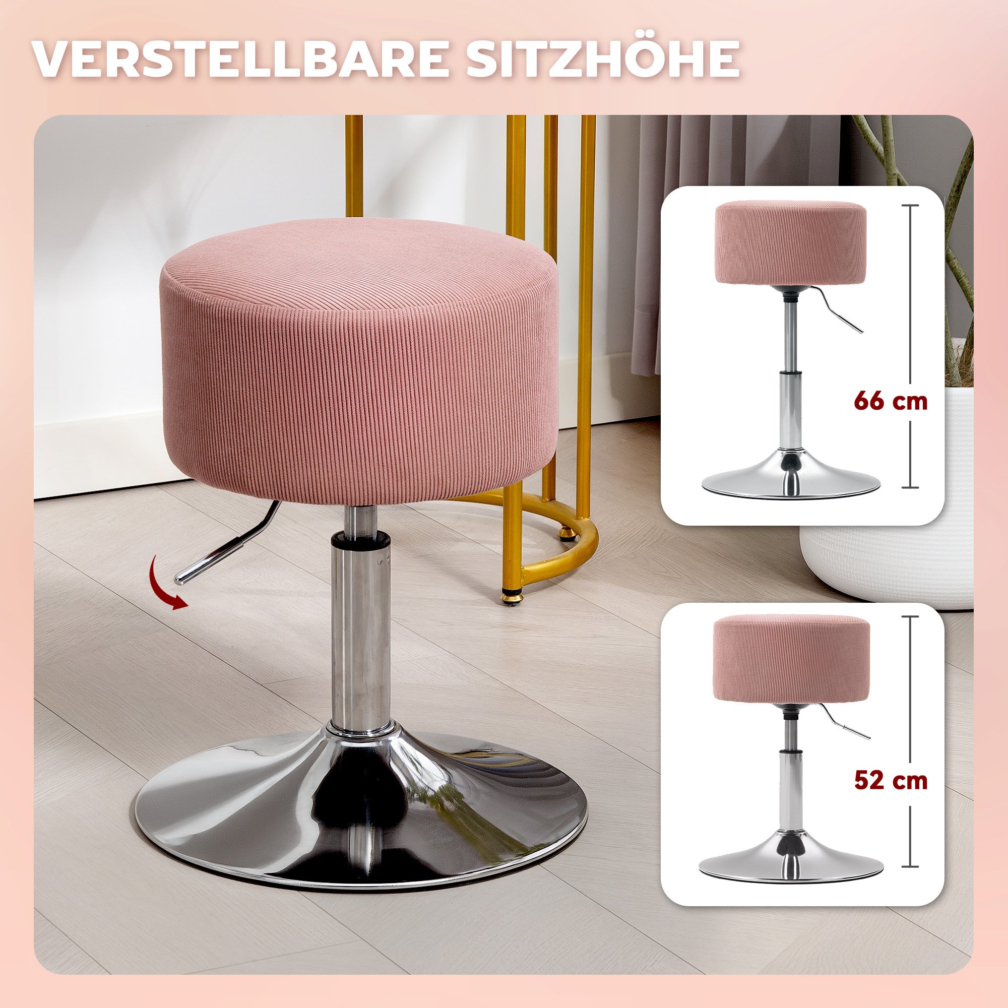 Bar Stool, Upholstered Bar Chair with Metal Frame, Corduroy Look, Height Adjustable Kitchen Stool with Footrest 360° Swivel Counter Stool for Kitchen, Living Room, Dining Room Pink