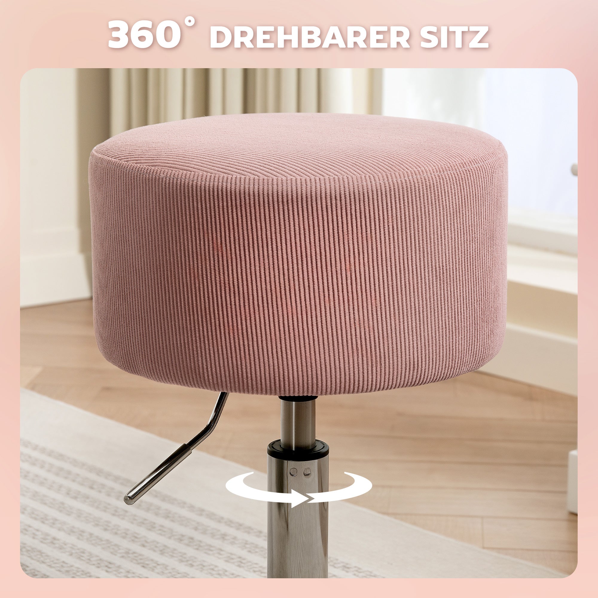 Bar Stool, Upholstered Bar Chair with Metal Frame, Corduroy Look, Height Adjustable Kitchen Stool with Footrest 360° Swivel Counter Stool for Kitchen, Living Room, Dining Room Pink