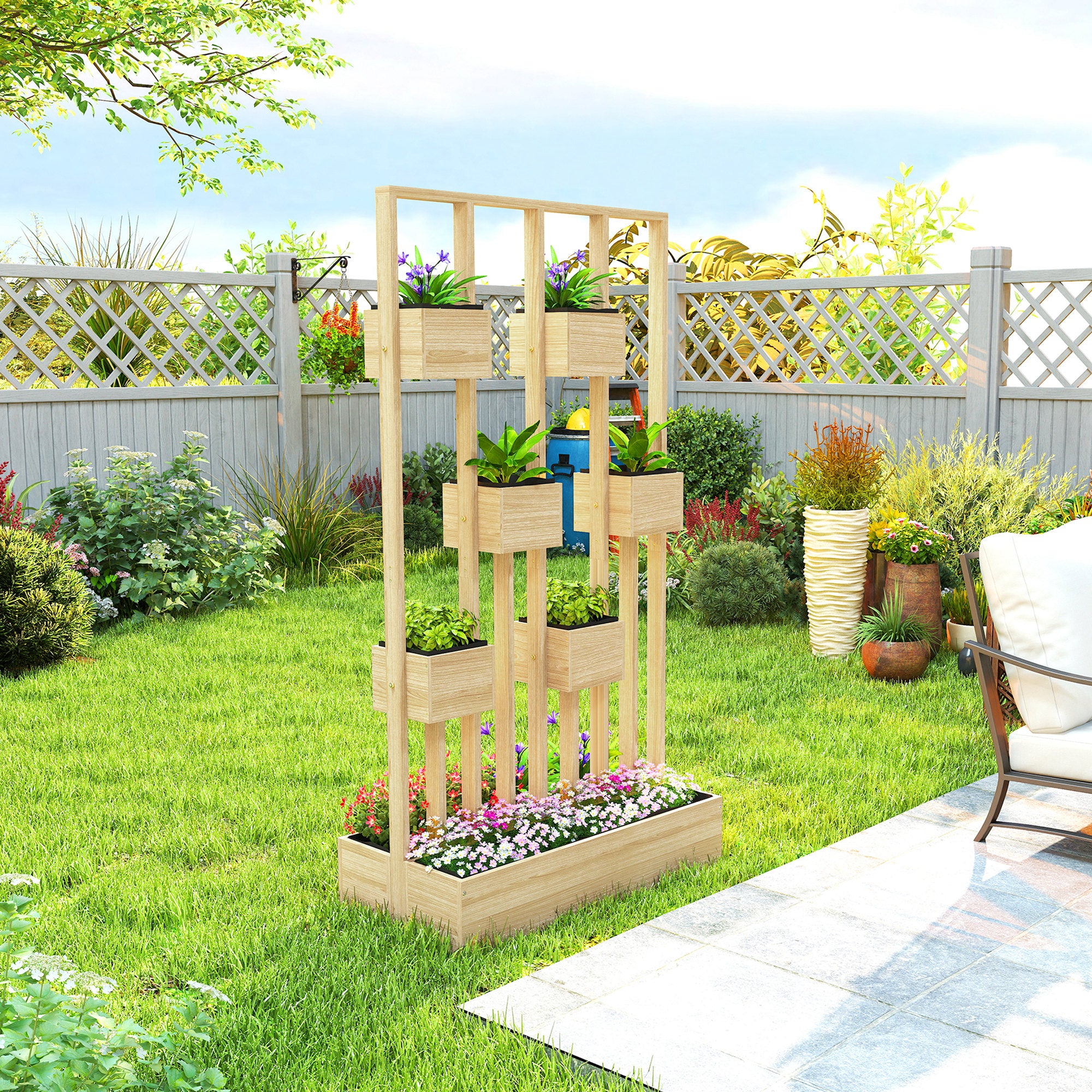 Wooden Raised Planter with Trellis, 35.4 x 17.7 x 66.9 in — Planter Box for Climbing Plants, Balcony & Patio