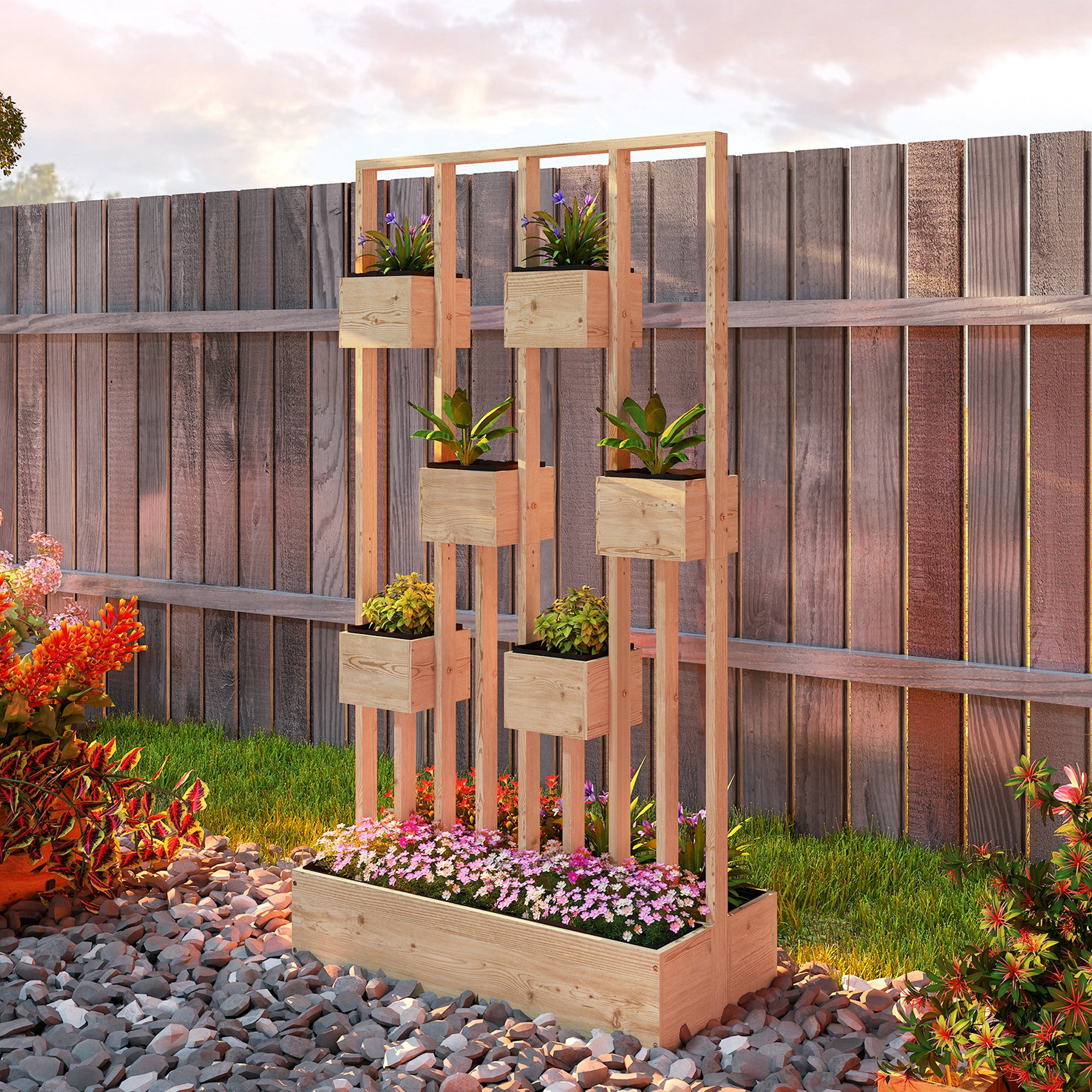 Wooden Raised Planter with Trellis, 35.4 x 17.7 x 66.9 in — Planter Box for Climbing Plants, Balcony & Patio