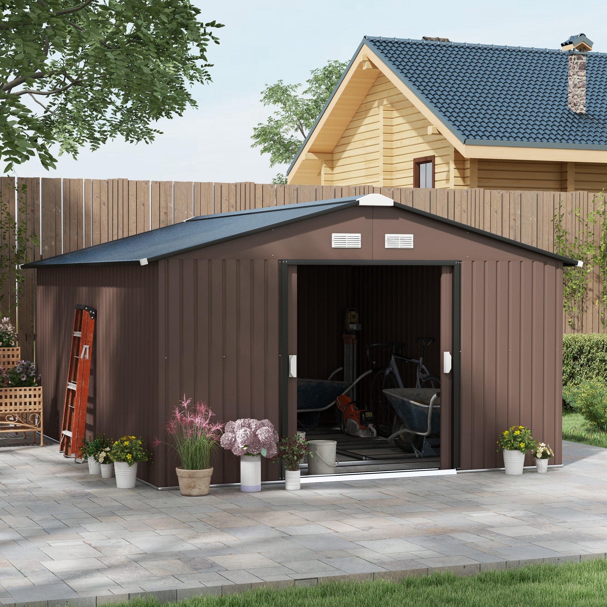 Toolhouse 12.4 m², Garden Shed with Gable Roof, Sliding Door, Foundation, 386 x 340 x 200 cm, Tool Shed made of Galvanized Steel, Weatherproof, for Garden, Brown