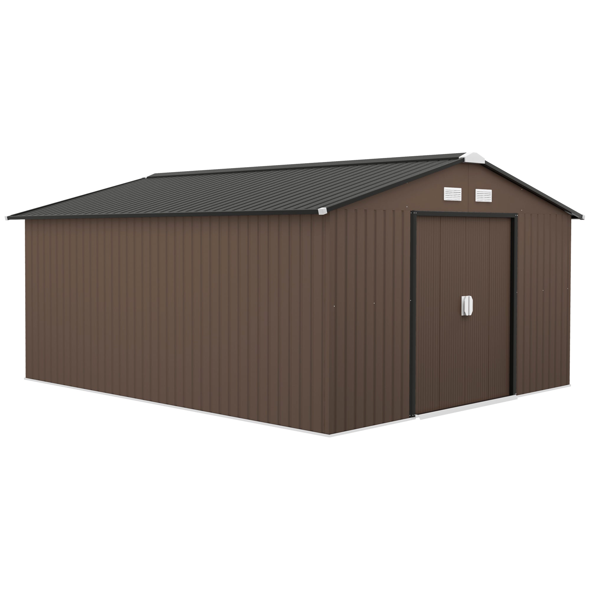 Toolhouse 12.4 m², Garden Shed with Gable Roof, Sliding Door, Foundation, 386 x 340 x 200 cm, Tool Shed made of Galvanized Steel, Weatherproof, for Garden, Brown