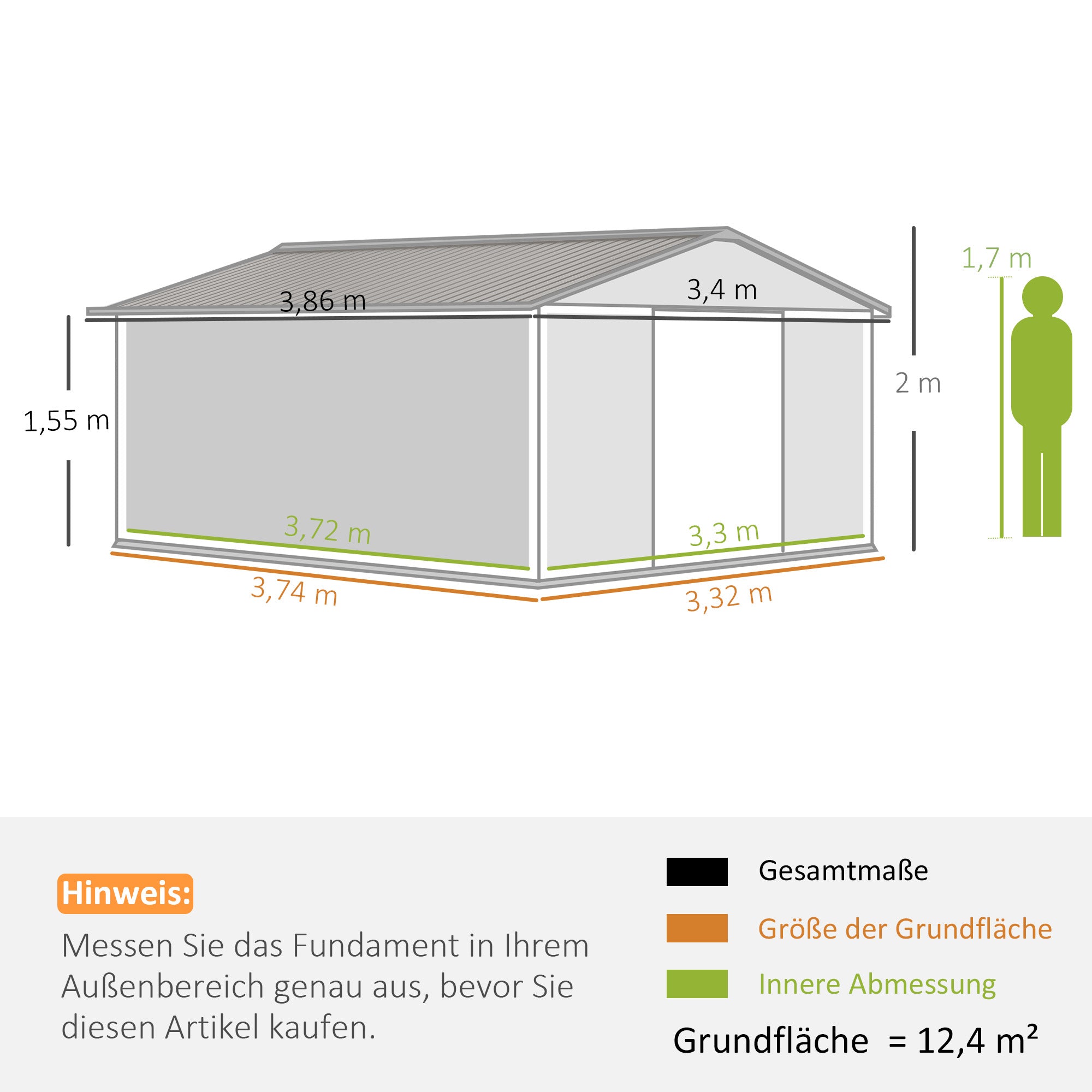 Toolhouse 12.4 m², Garden Shed with Gable Roof, Sliding Door, Foundation, 386 x 340 x 200 cm, Tool Shed made of Galvanized Steel, Weatherproof, for Garden, Brown