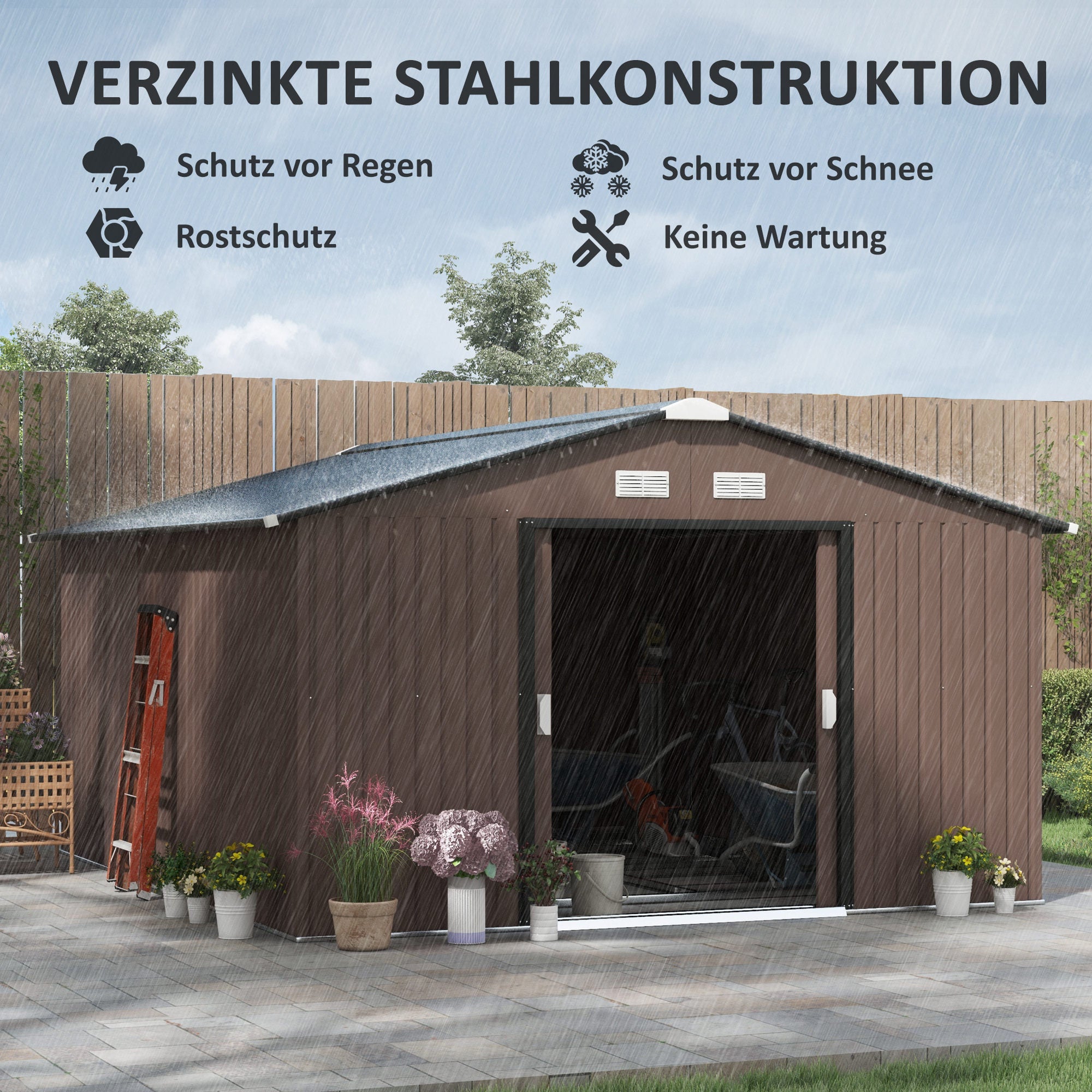 Toolhouse 12.4 m², Garden Shed with Gable Roof, Sliding Door, Foundation, 386 x 340 x 200 cm, Tool Shed made of Galvanized Steel, Weatherproof, for Garden, Brown