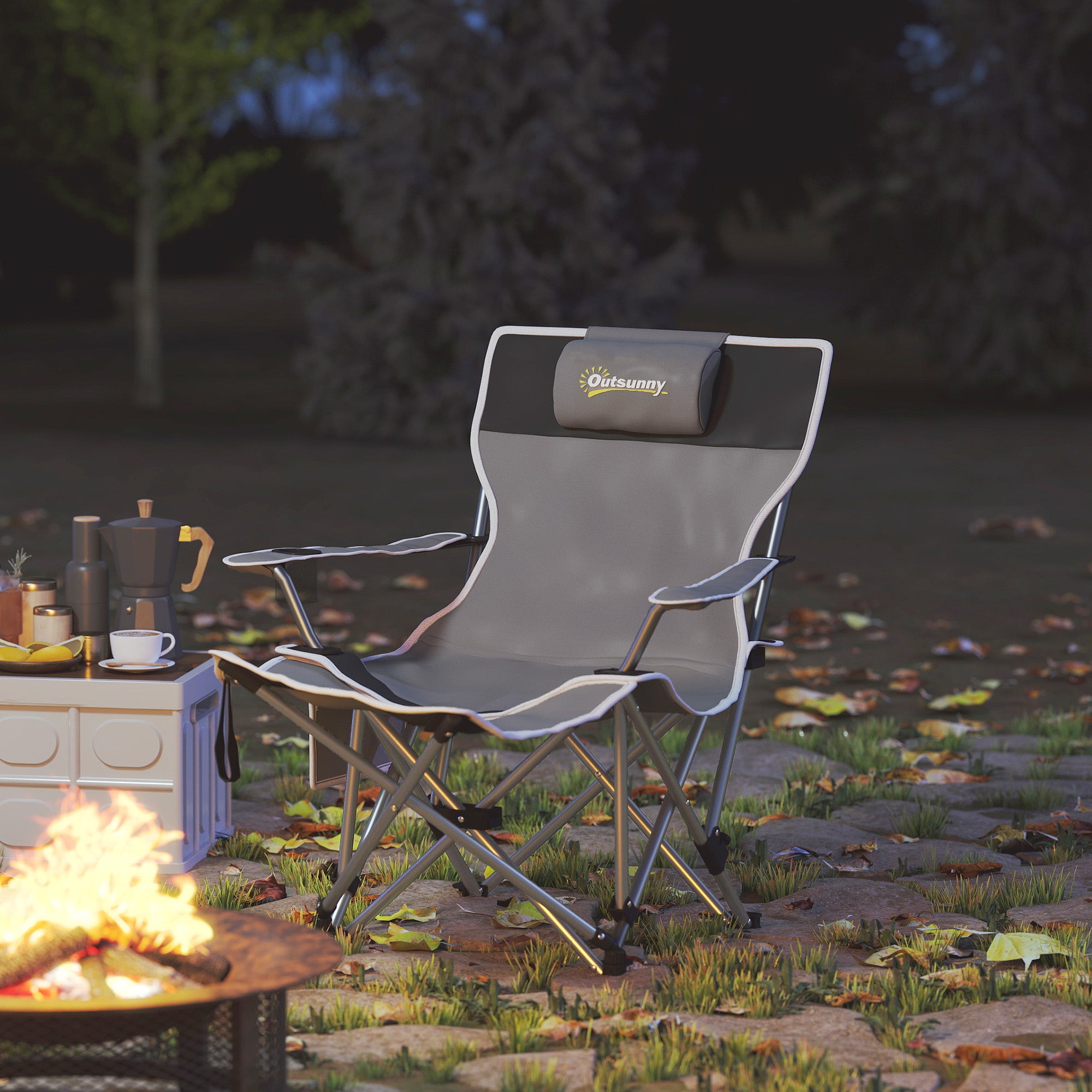 Folding Camping Chair, Fishing Chair with Removable Footrest, Headrest, Cup Holder, and Carry Bag, Lounge Chair for Outdoor Beach, Picnic, Gray