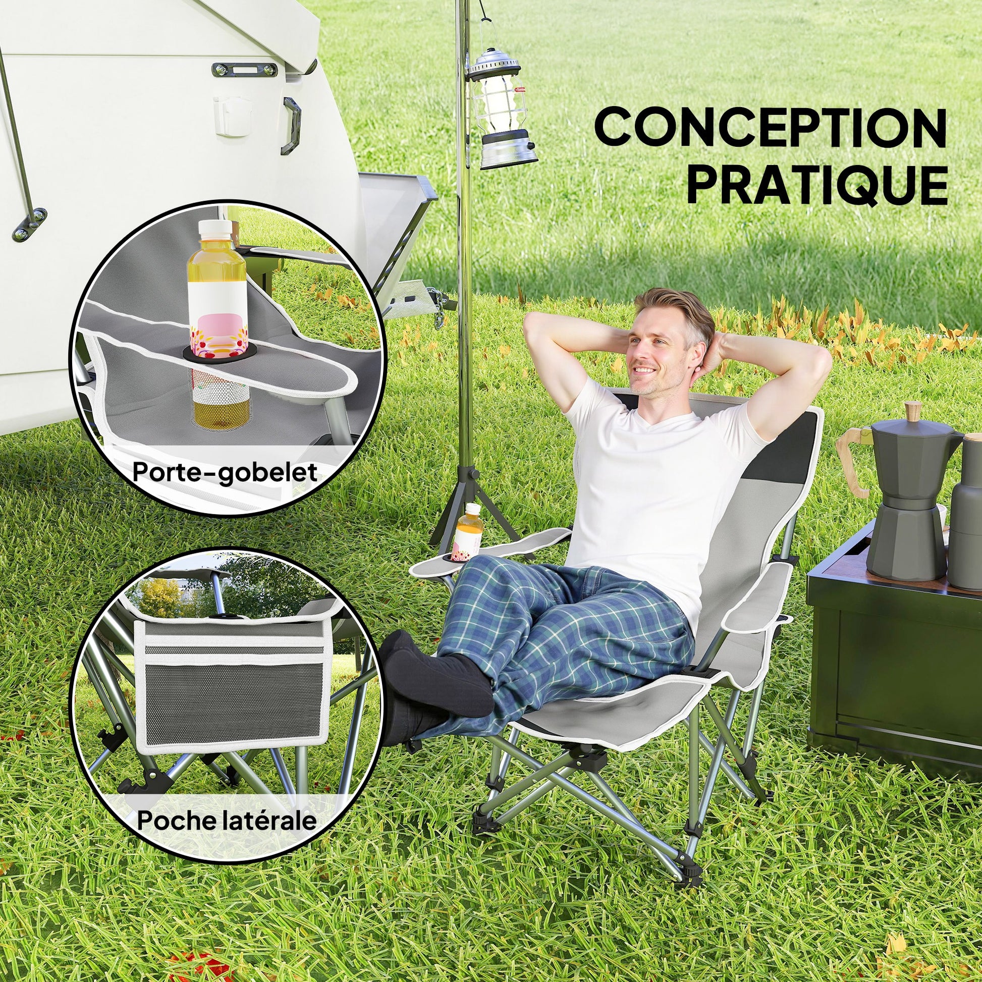 Folding Camping Chair, Fishing Chair with Removable Footrest, Headrest, Cup Holder, and Carry Bag, Lounge Chair for Outdoor Beach, Picnic, Gray