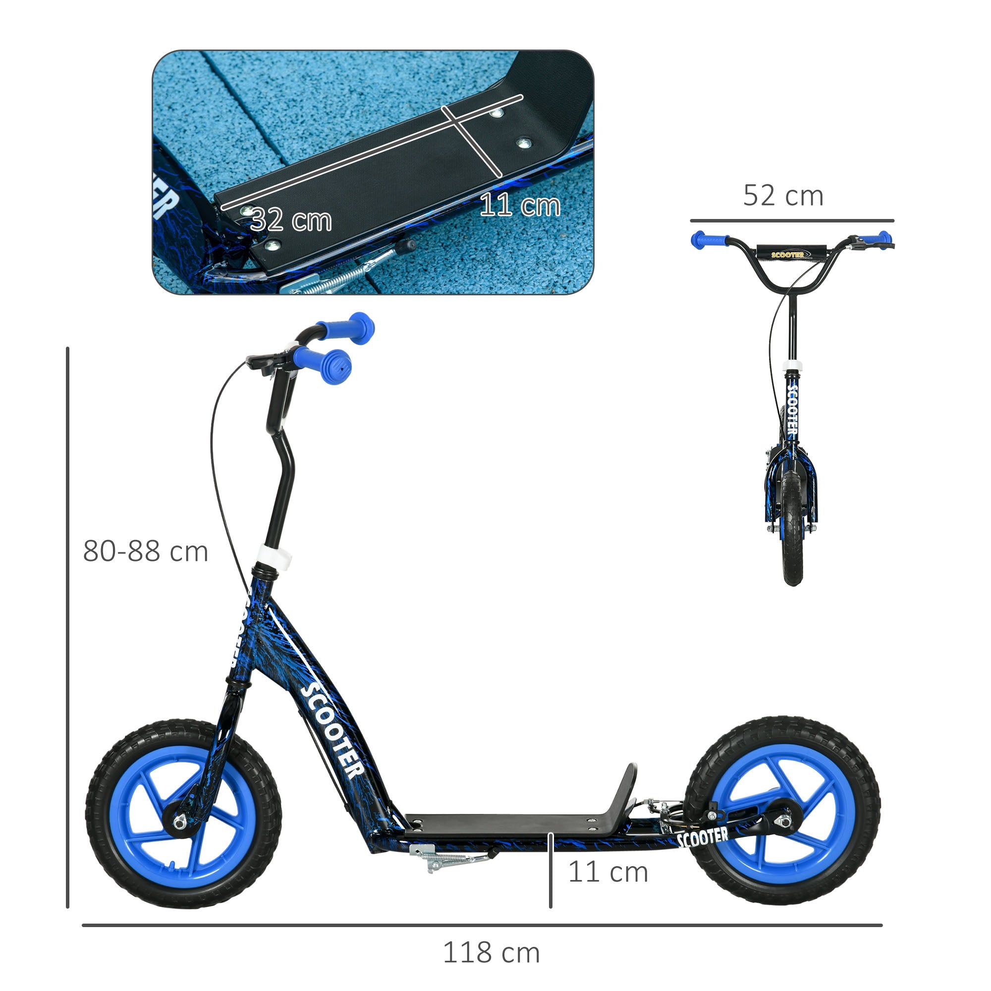 Children's Scooter with Large Wheels for 6-12 Year Olds Adjustable Height Rear Brake Kickstand Blue