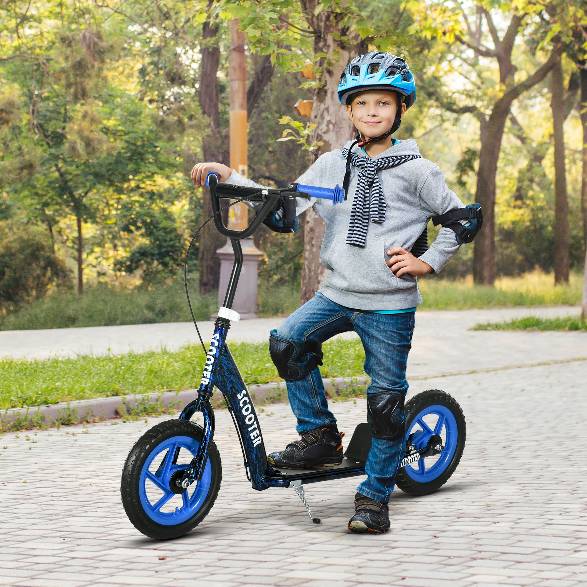 Children's Scooter with Large Wheels for 6-12 Year Olds Adjustable Height Rear Brake Kickstand Blue