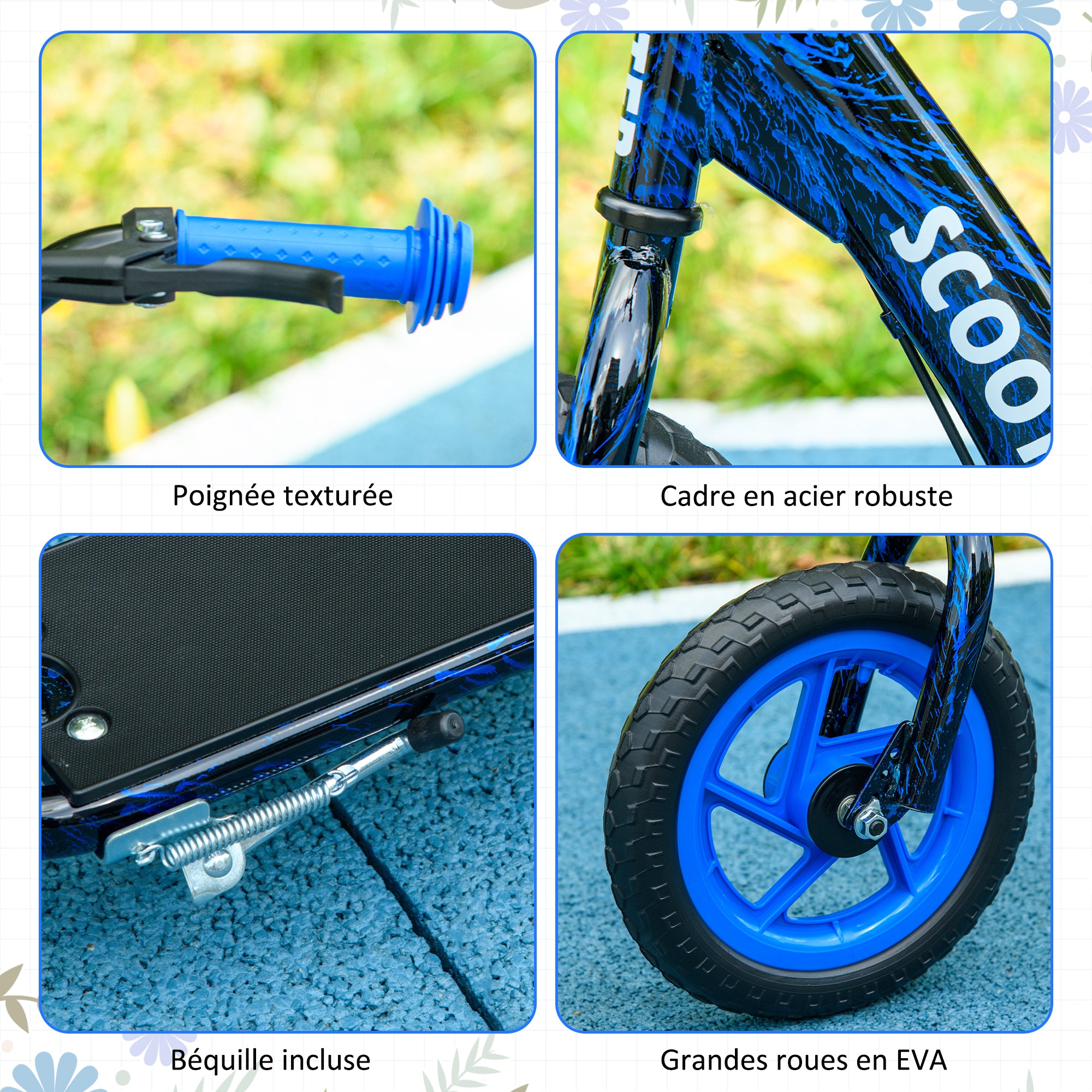 Children's Scooter with Large Wheels for 6-12 Year Olds Adjustable Height Rear Brake Kickstand Blue