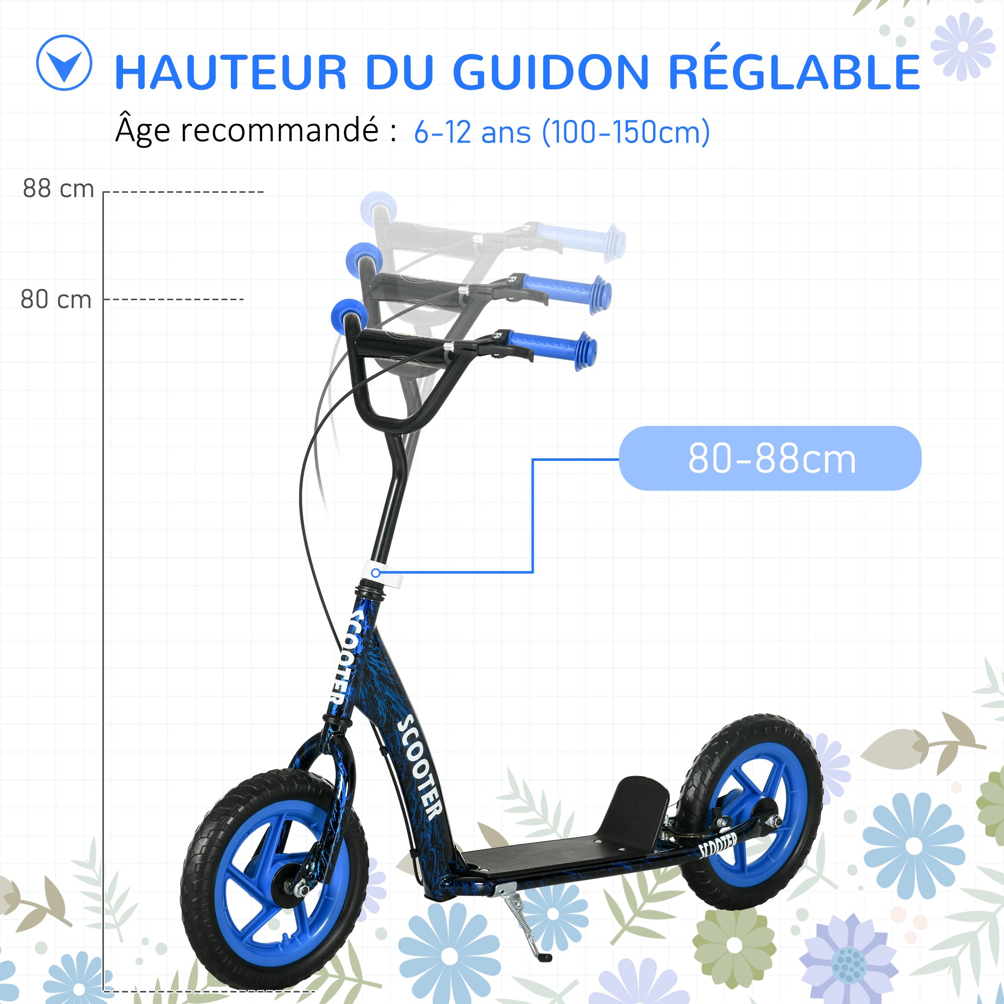 Children's Scooter with Large Wheels for 6-12 Year Olds Adjustable Height Rear Brake Kickstand Blue